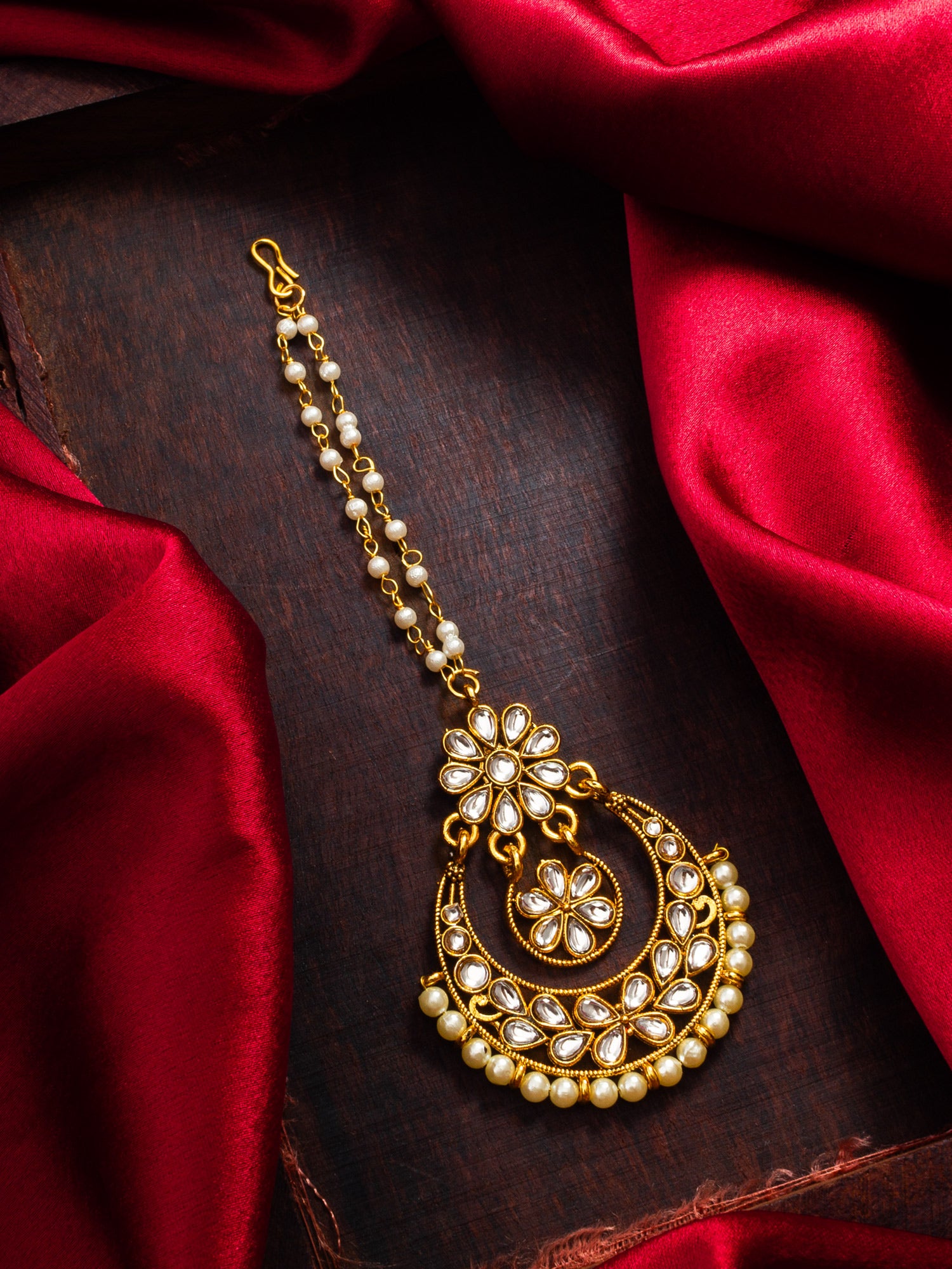 Fashion Gold-Plated Pearl Flower Design Maang Tikka – View 5 | Aadita Jewelry