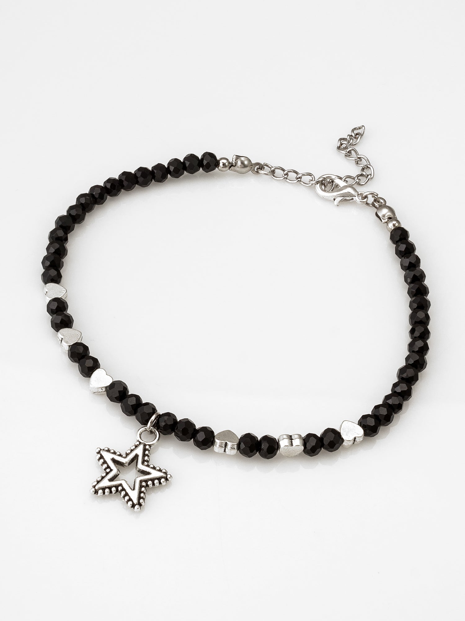 Black Faceted Bead Oxidized Star Charm Beaded Anklet | Aadita Jewelry
