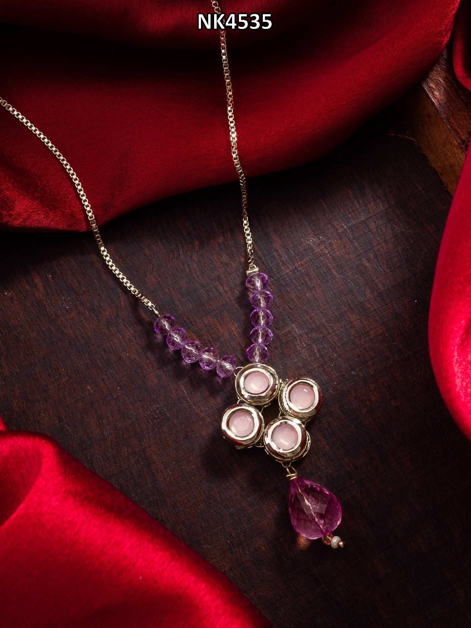 Silver-Tone Necklace with Pink Kundan and Crystal Beads for Women & Girls – View 5 | Aadita Jewelry