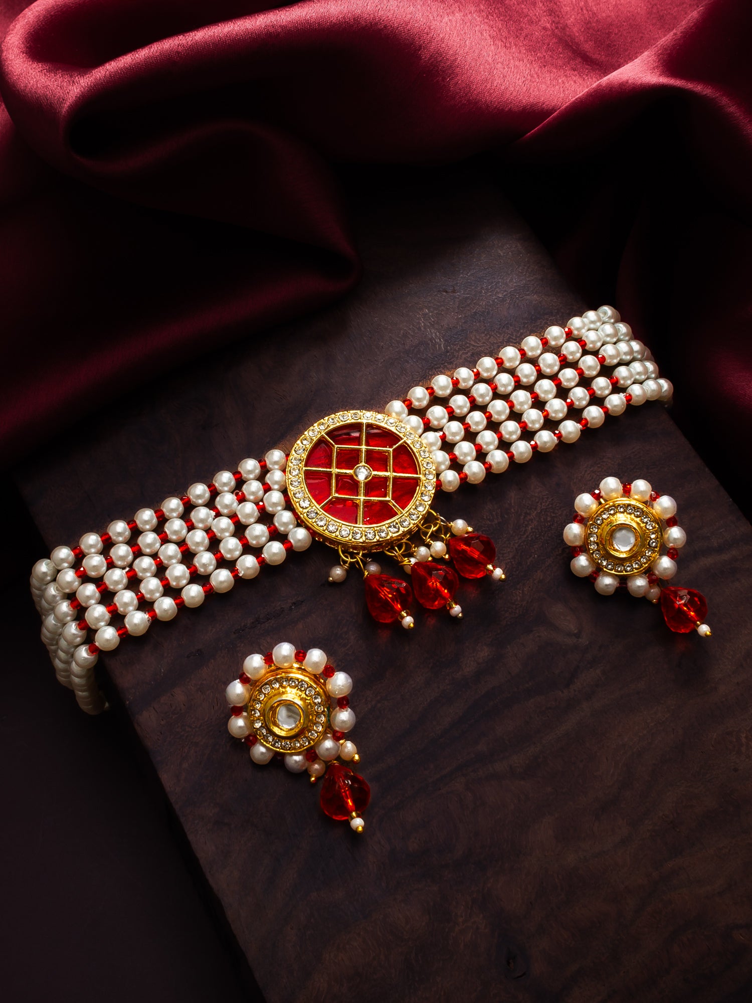 Red Beaded Kundan Choker Necklace Set with Earrings – View 5 | Aadita Jewelry