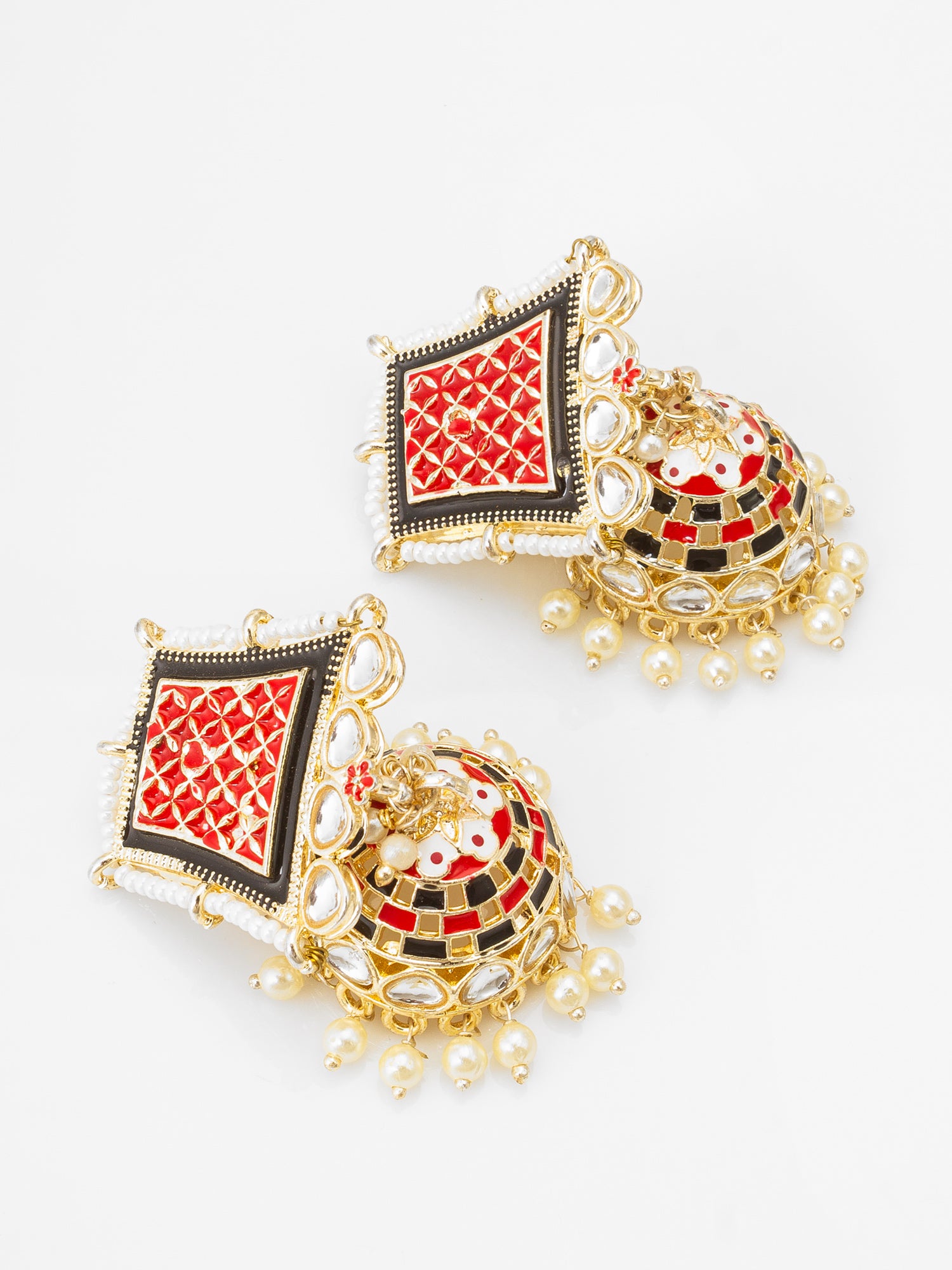 Red Enamel Kundan Pearl Jhumka Earrings | Aadita Jewelry