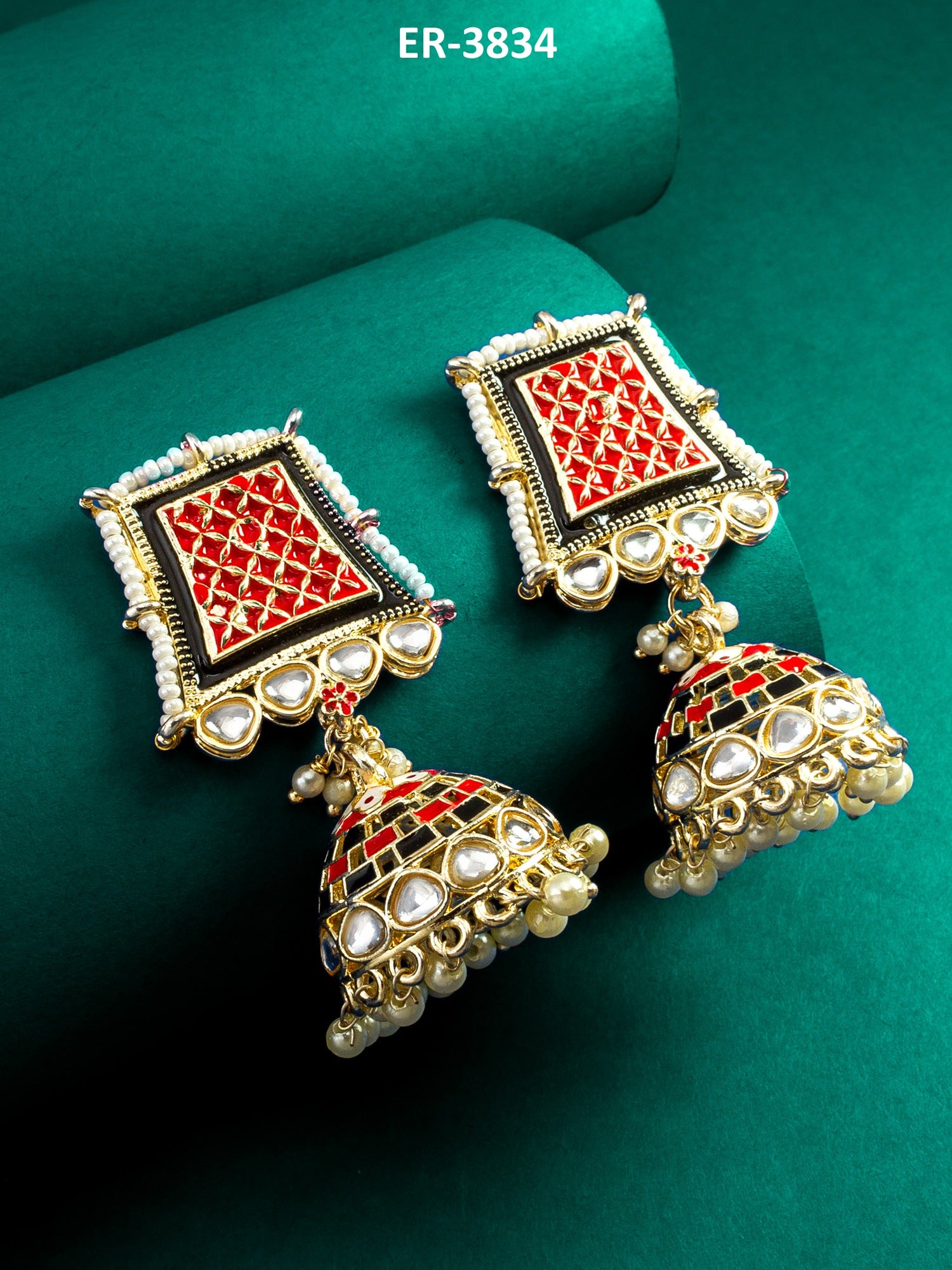 Red Enamel Kundan Pearl Jhumka Earrings – View 5 | Aadita Jewelry
