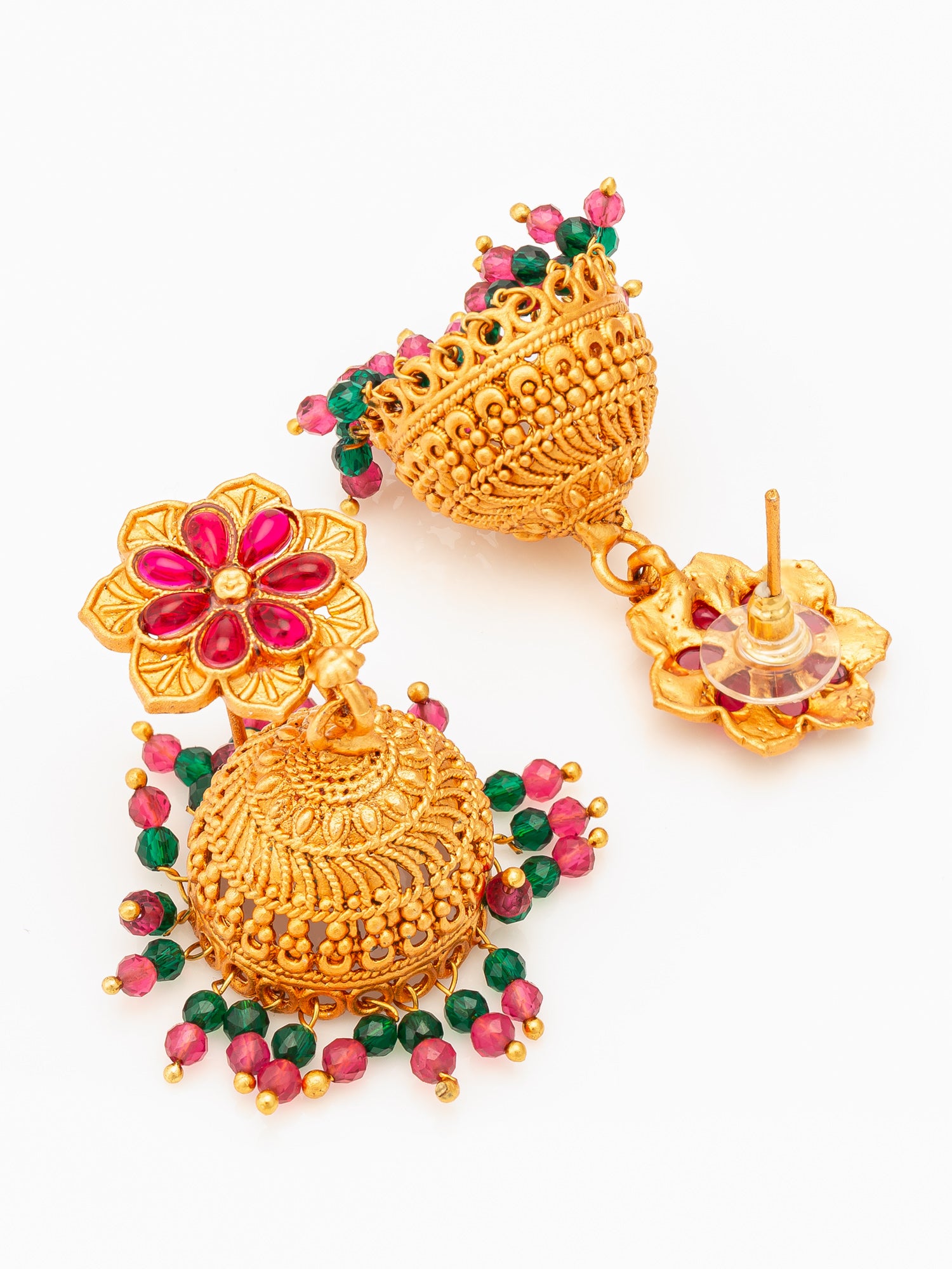 Aadita Floral Gold Plated Pink and Green Jhumka Earrings – View 3 | Aadita Jewelry