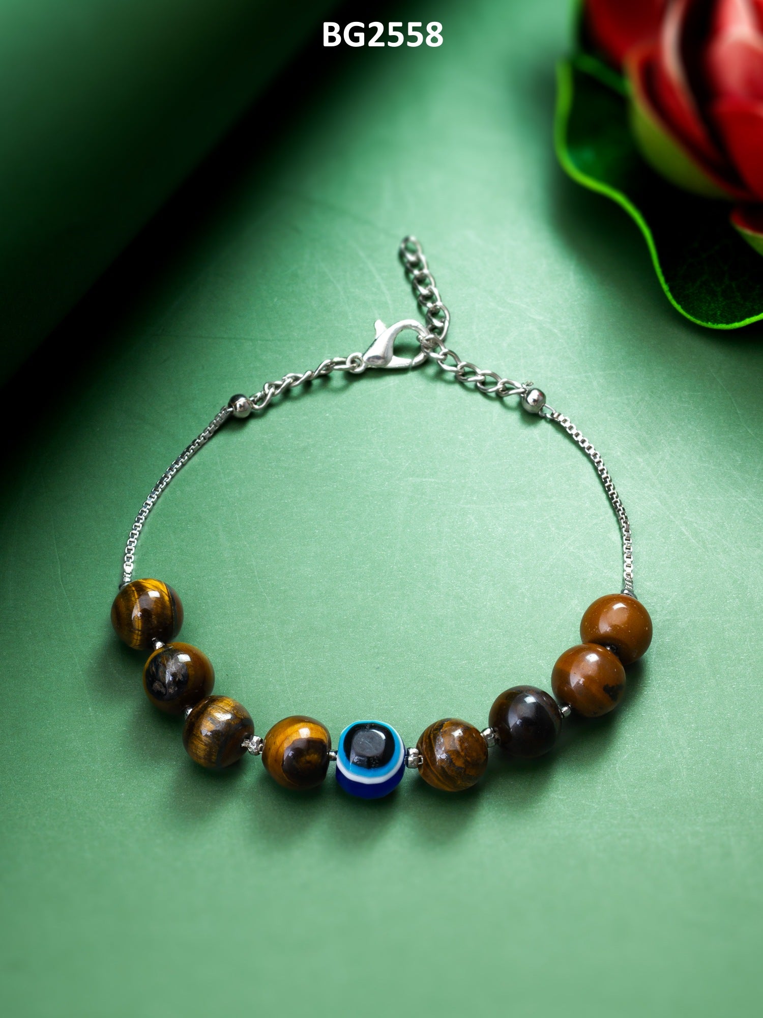 Beaded Bracelet with Evil Eye Bead and Silver Box Chain – View 4 | Aadita Jewelry