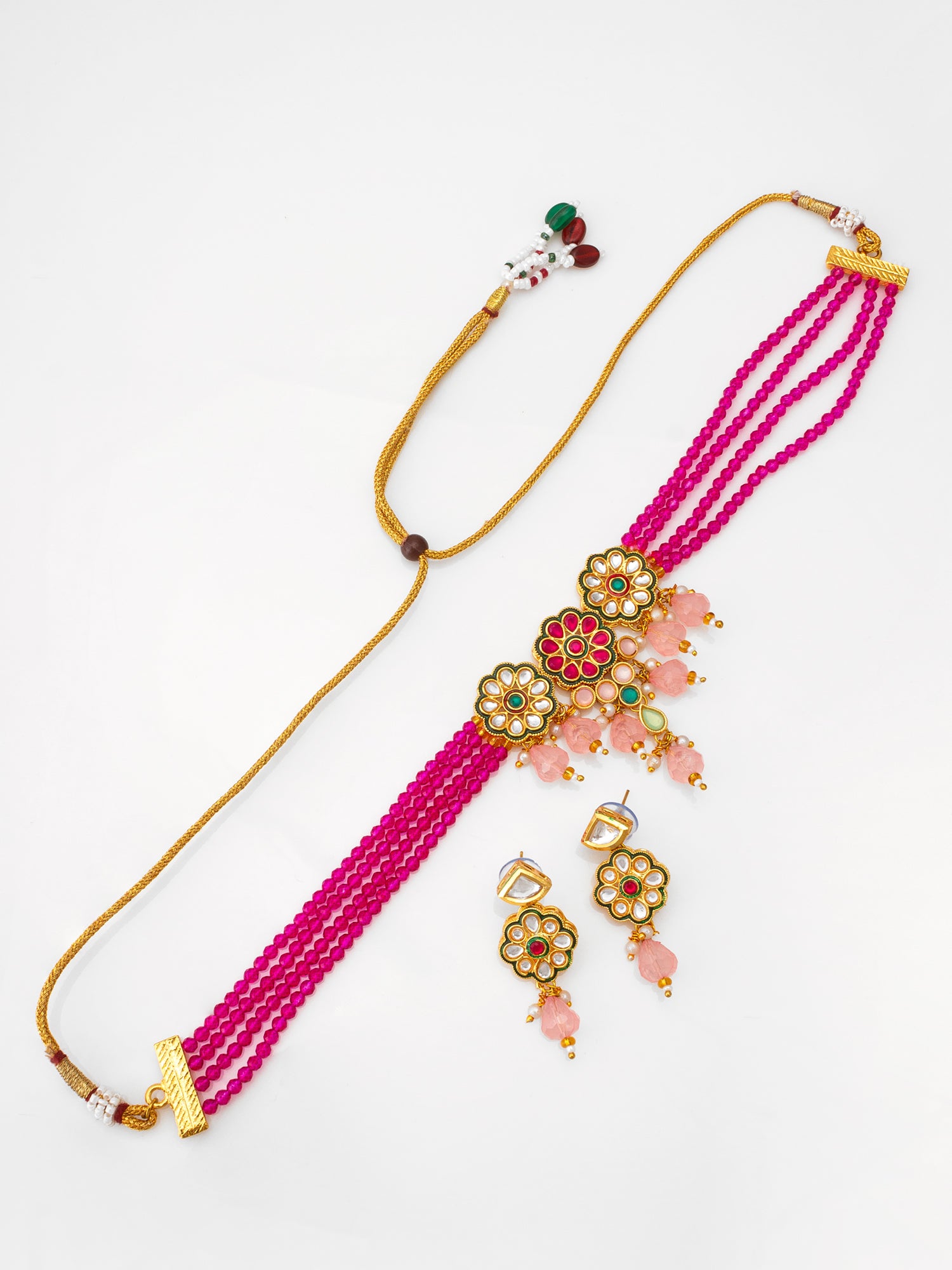 Magenta Bead Choker with Kundan Floral Design and Peach Accents | Aadita Jewelry