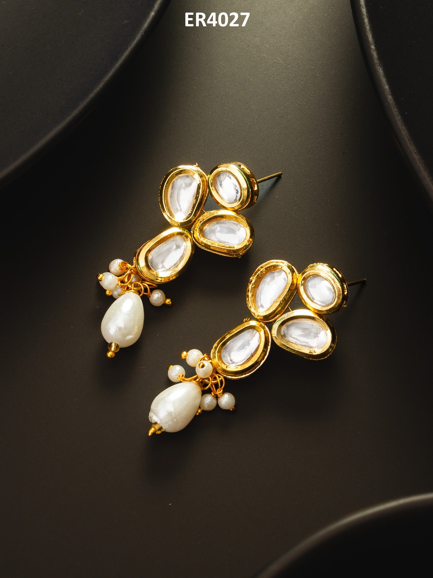 Classic Gold-Plated Oval Kundan Earrings with Oversized Pearl Drops – View 5 | Aadita Jewelry
