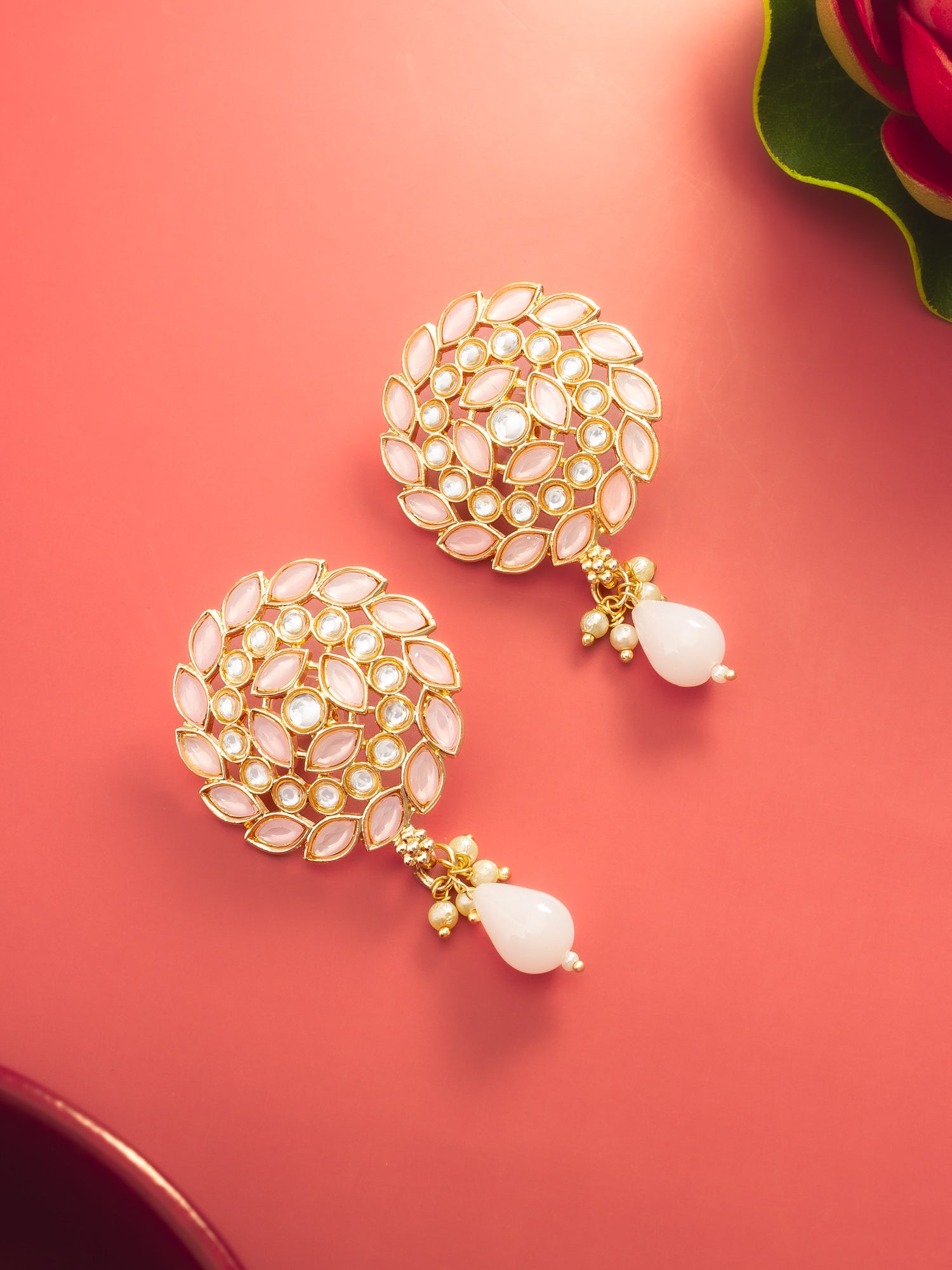 Aadita Gold Plated Pink Stone Stud Drop Earrings with Bead Accent – View 5 | Aadita Jewelry