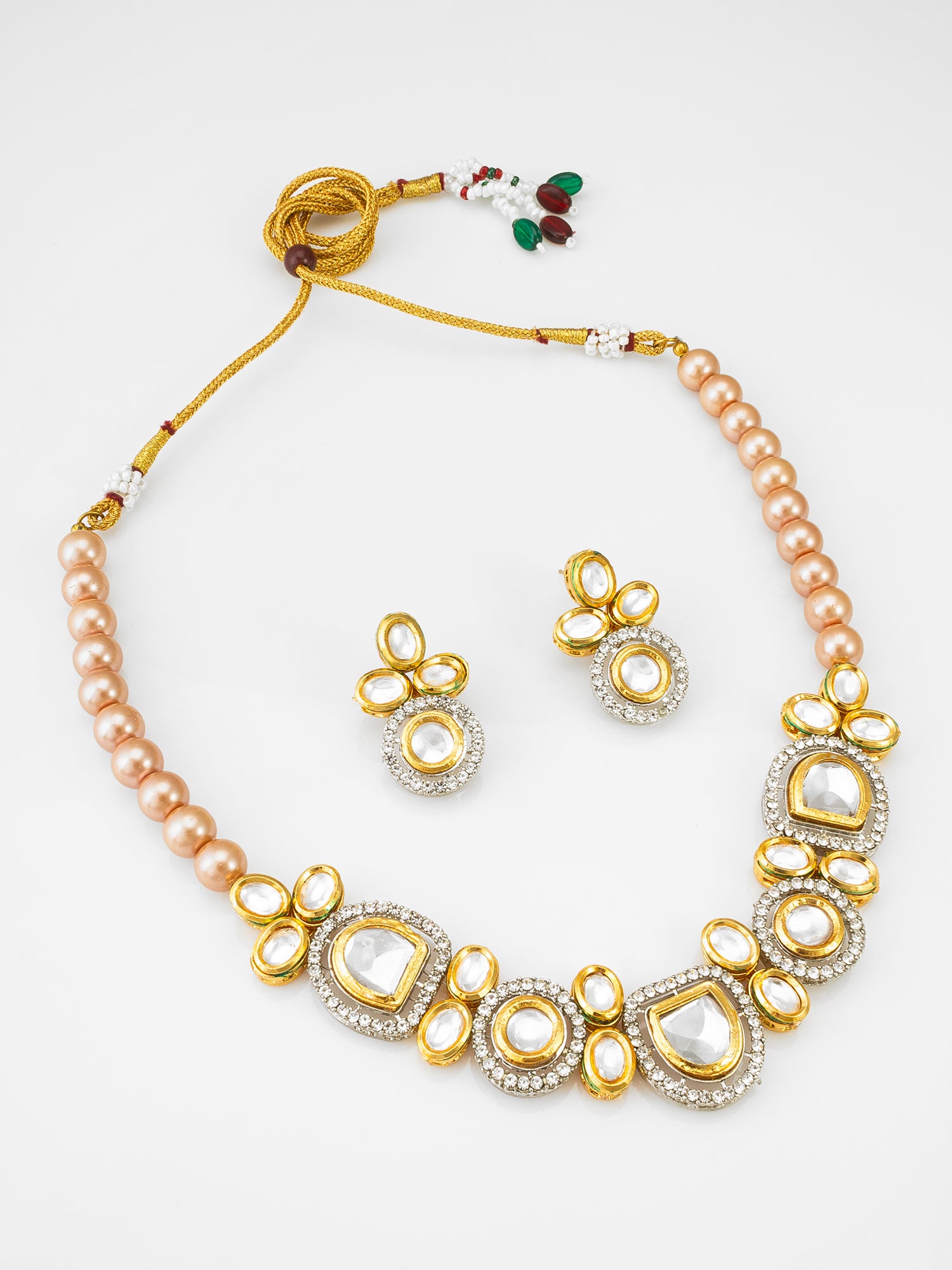 Gold-Tone Kundan Choker Necklace Set with Peach Pearl Beads and Crystal Earrings | Aadita Jewelry