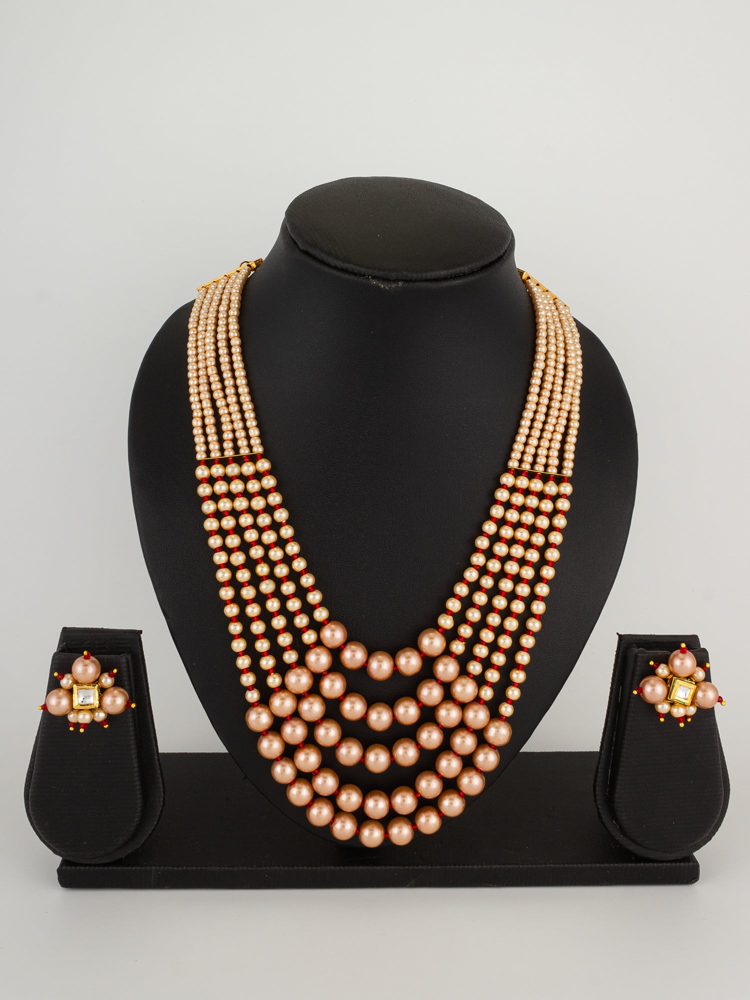 Five-Strand Peach Pearl Mala Necklace Set with Kundan Cluster Earrings – View 4 | Aadita Jewelry