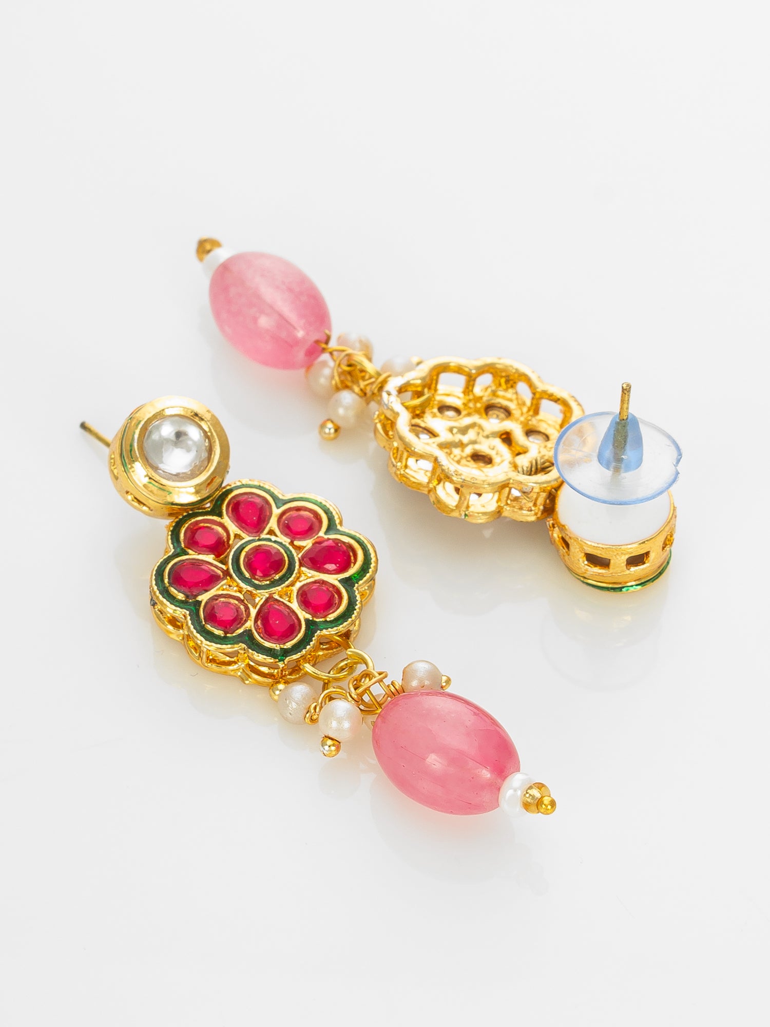 Gold Plated Kundan Floral Pink Beaded Necklace Set for Women – View 3 | Aadita Jewelry