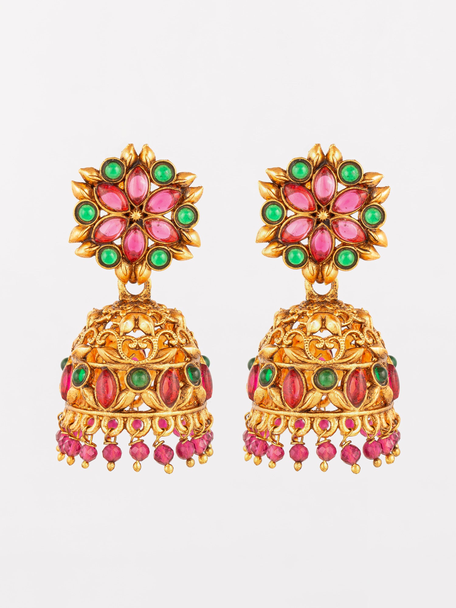 Aadita Traditional Gold-Tone Kundan Jhumka Earrings with Pink and Green Stones | Aadita Jewelry