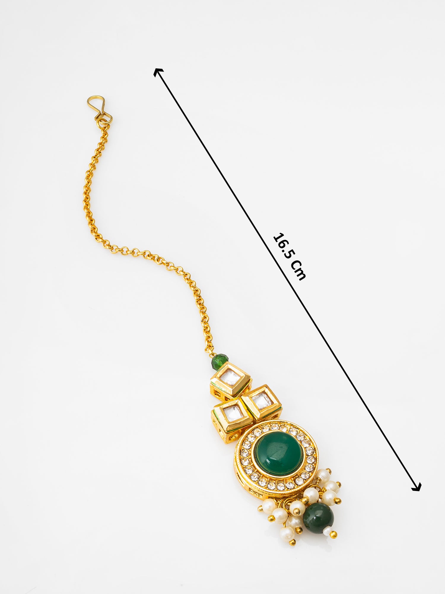 Classic Kundan Green Stone Maang Tikka with Pearl Drops – View 4 | Aadita Jewelry
