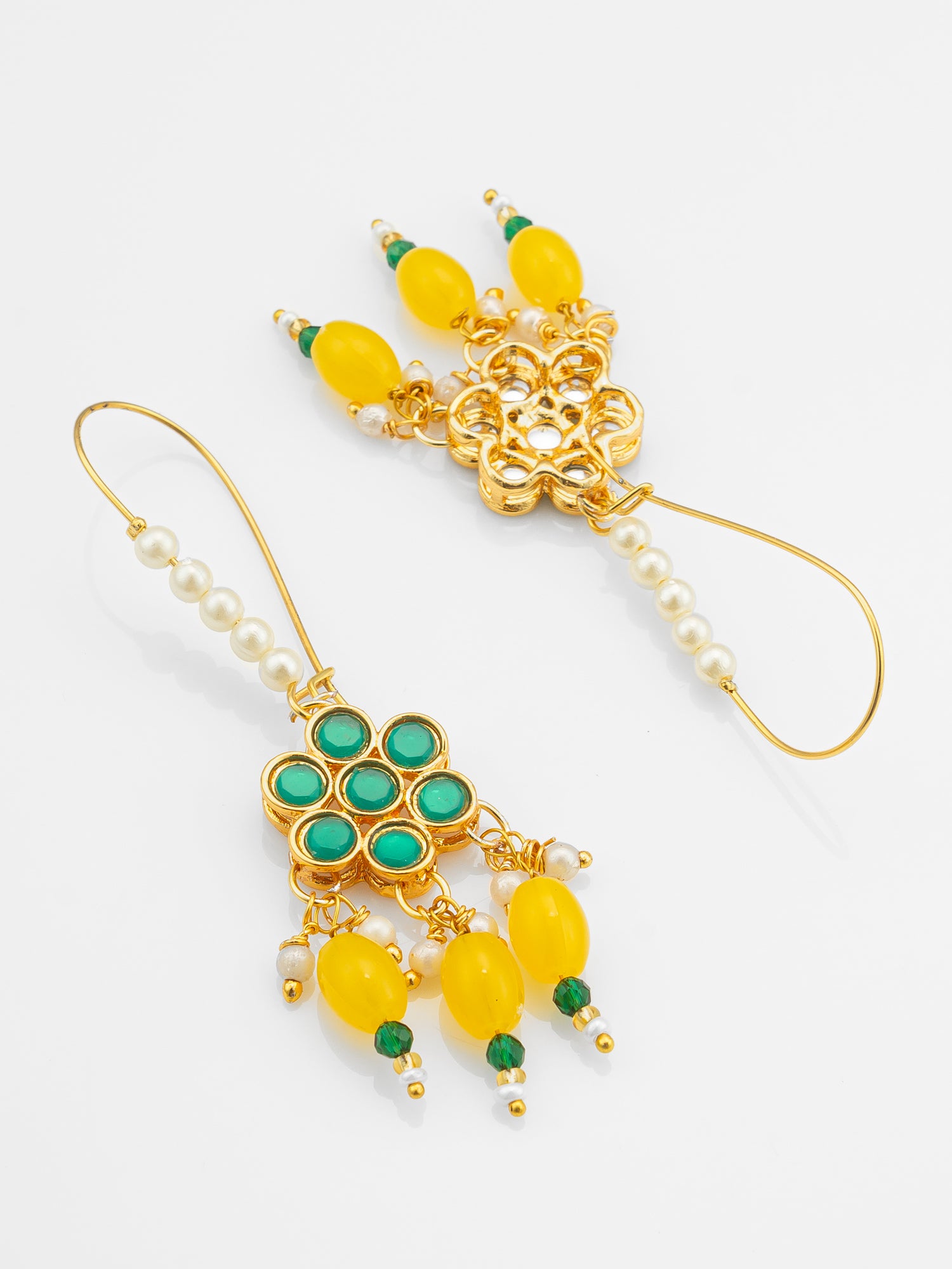 Long Hook Green Floral Earrings with Yellow Bead Clusters and Pearl Accents – View 3 | Aadita Jewelry