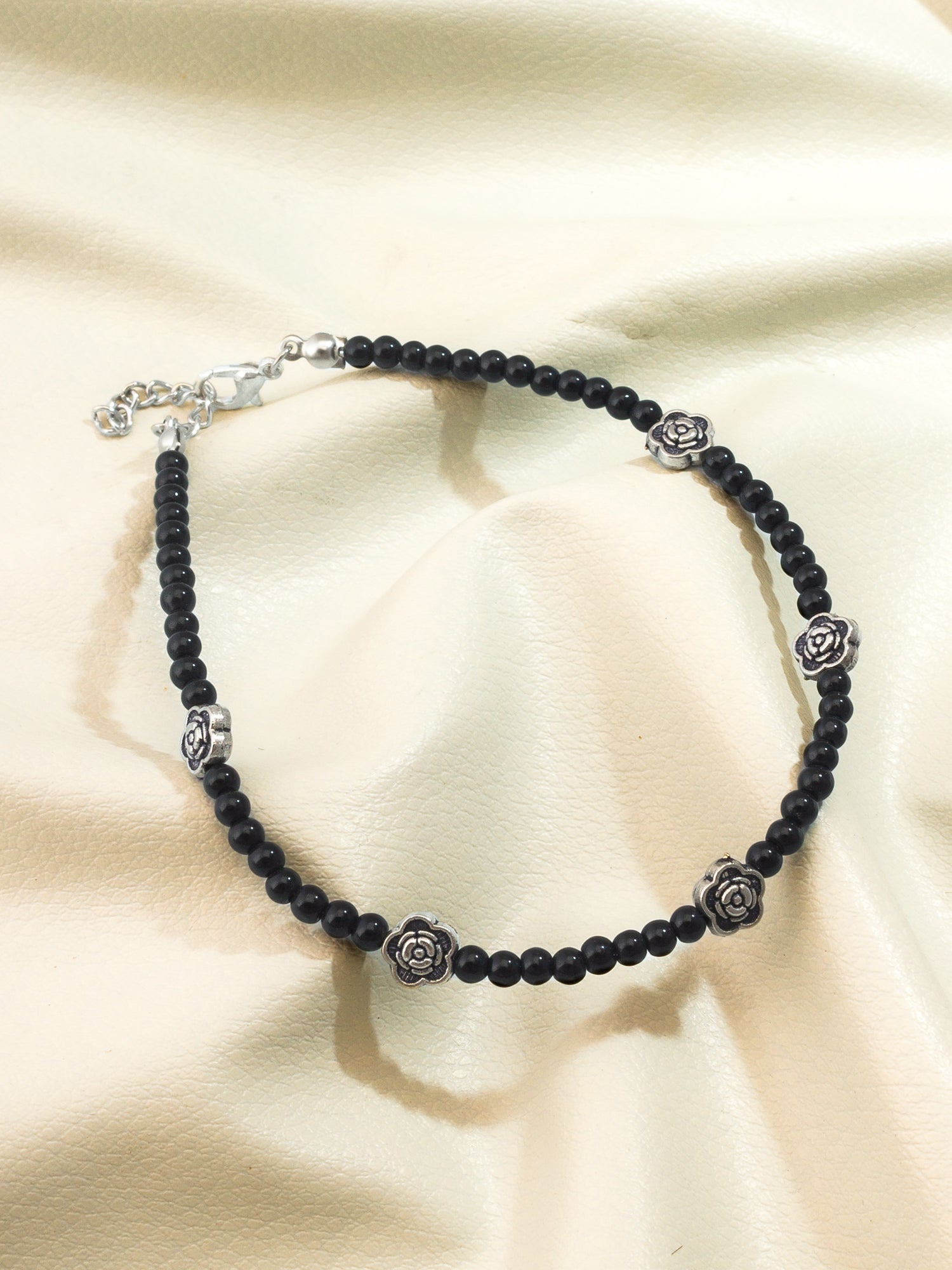 Black Bead Oxidized Rose Charm Anklet – View 4 | Aadita Jewelry