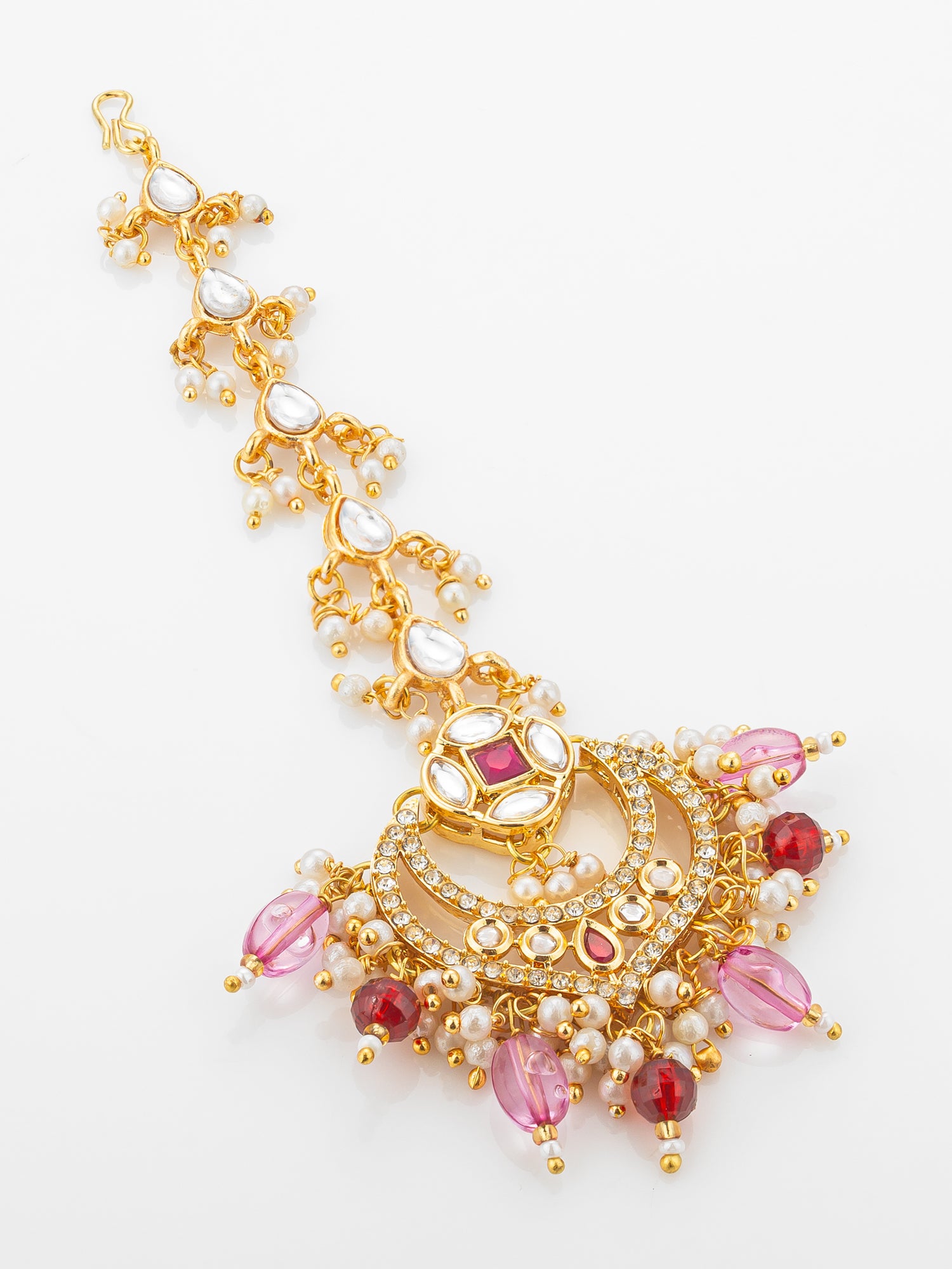 Aadita Gold Plated Kundan Chandbali Maang Tikka with Pink and Maroon Bead Drops – View 2 | Aadita Jewelry