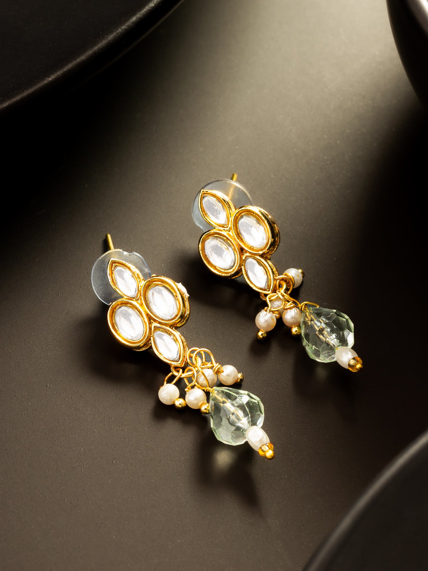 Gold Plated Kundan and Pearl Drop Earrings – View 5 | Aadita Jewelry