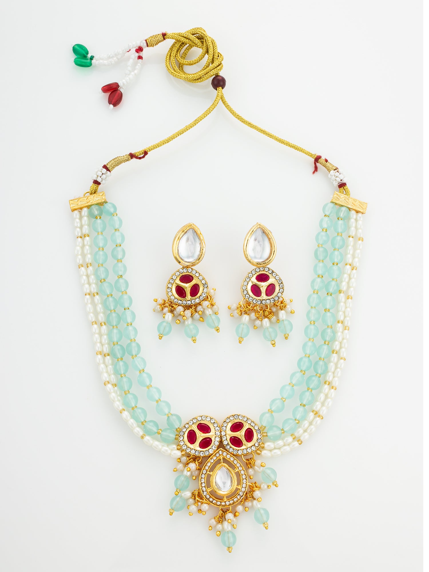 Mint Green and Pearl Multi-Strand Kundan Necklace Set | Aadita Jewelry