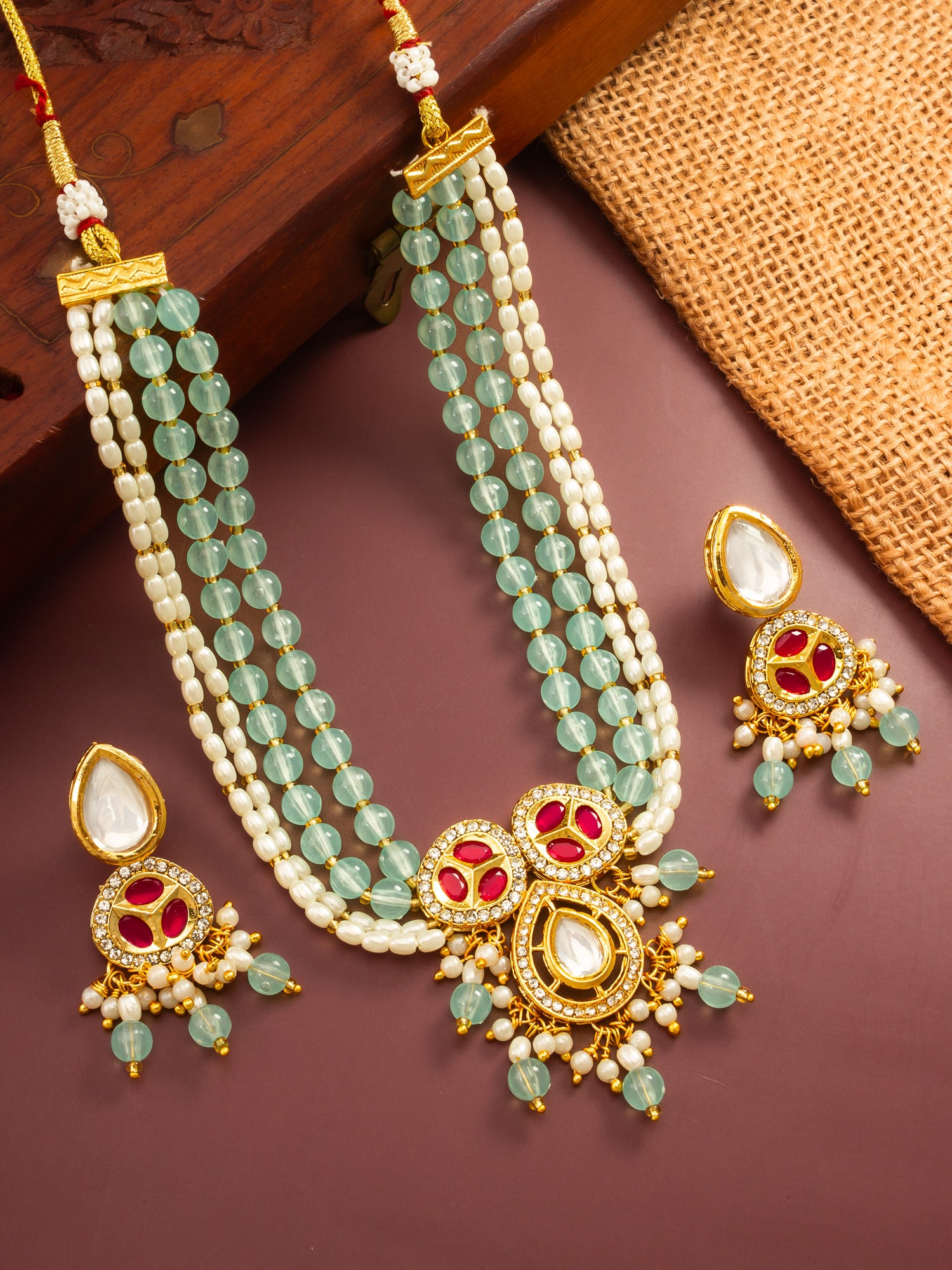 Mint Green and Pearl Multi-Strand Kundan Necklace Set – View 5 | Aadita Jewelry