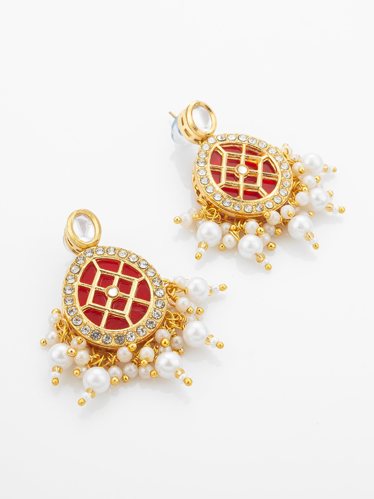 Aadita Gold-Plated Double-Layer Kundan Necklace Set with Red Stones and Pearl Drops end Earrings – View 2 | Aadita Jewelry