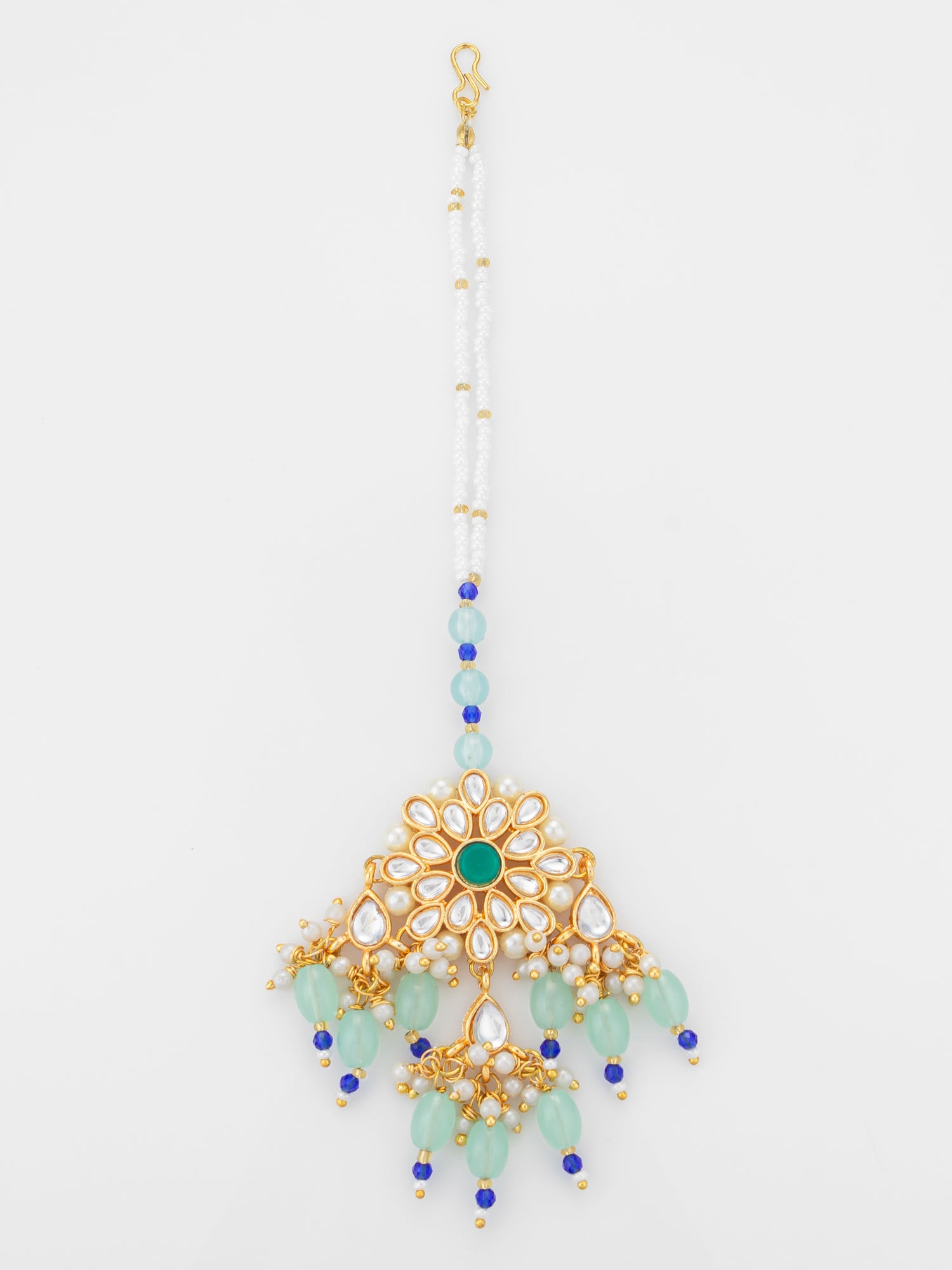 Aadita Gold Plated Kundan Flower Mangtika with Mint Green Bead Drops and Blue Crystal Chain | Aadita Jewelry
