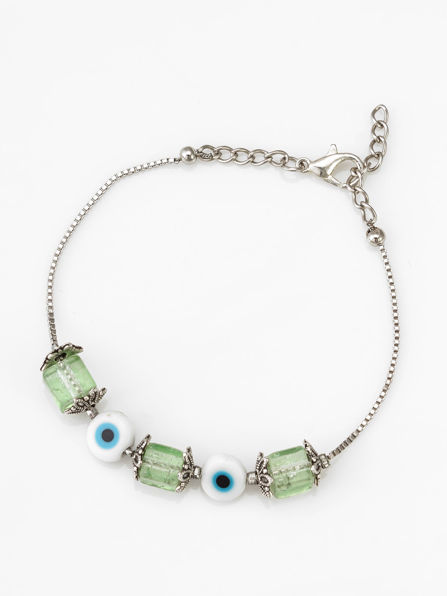 Green Crackle Glass & Evil Eye Bead Bracelet with Floral Cap Accents – View 2 | Aadita Jewelry
