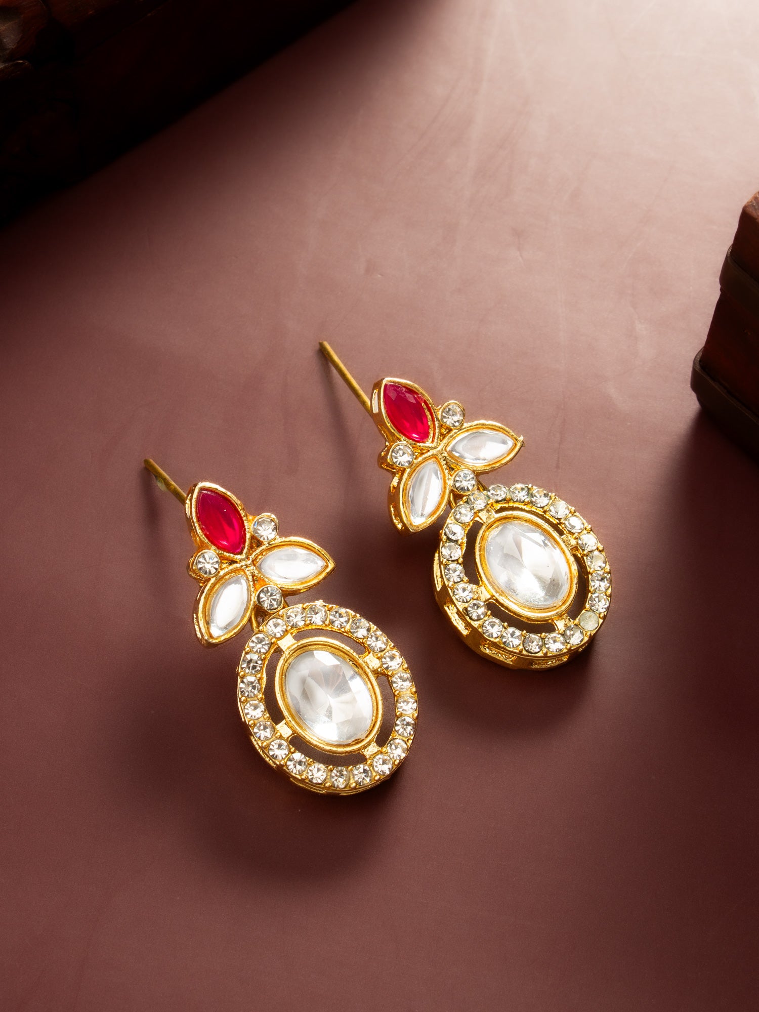 Gold Plated Oval Halo Drop Earrings with Red Accent – View 5 | Aadita Jewelry