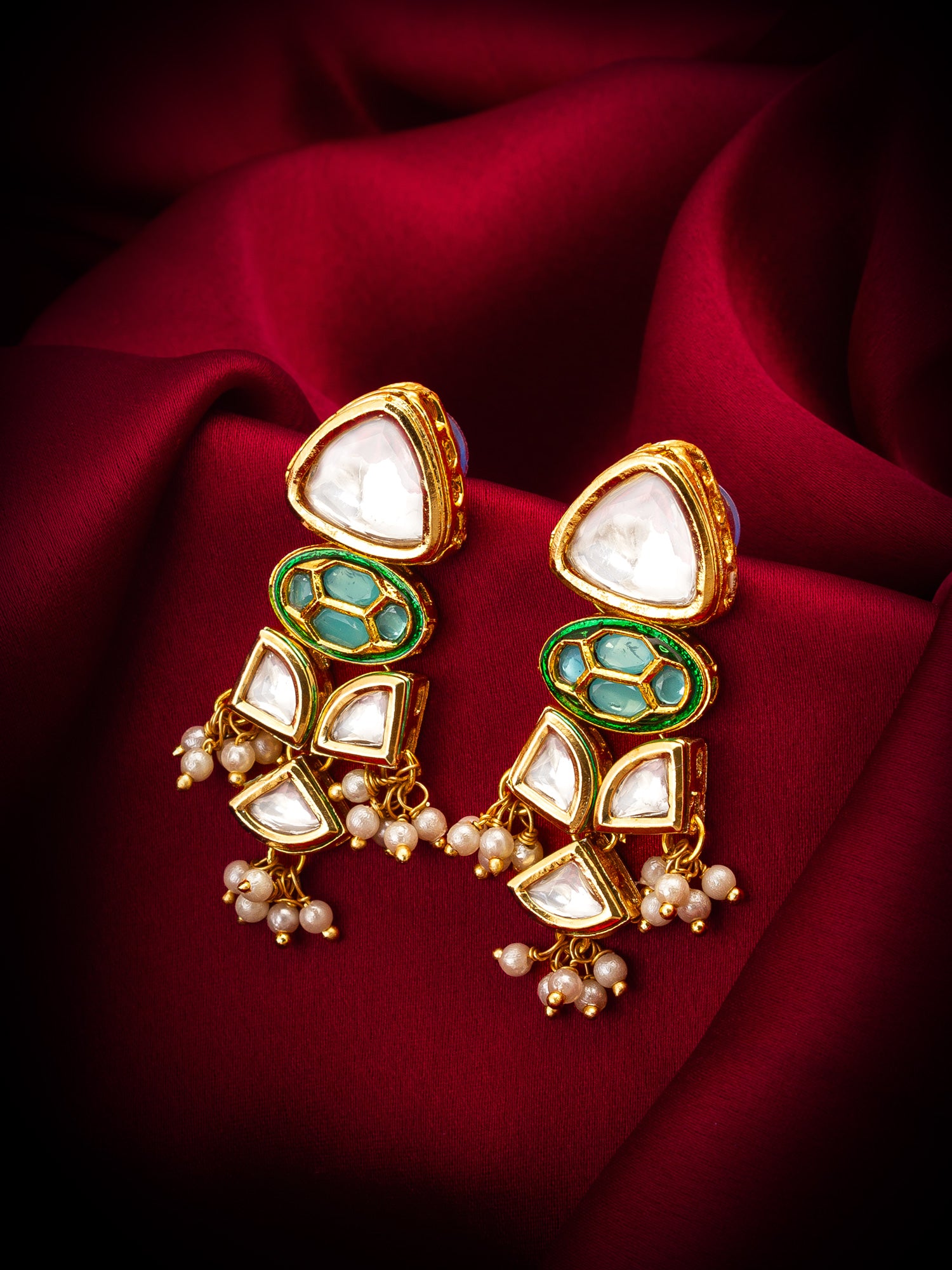 Gold-Toned Kundan Earrings with Meenakari and Pearl Drops – View 4 | Aadita Jewelry