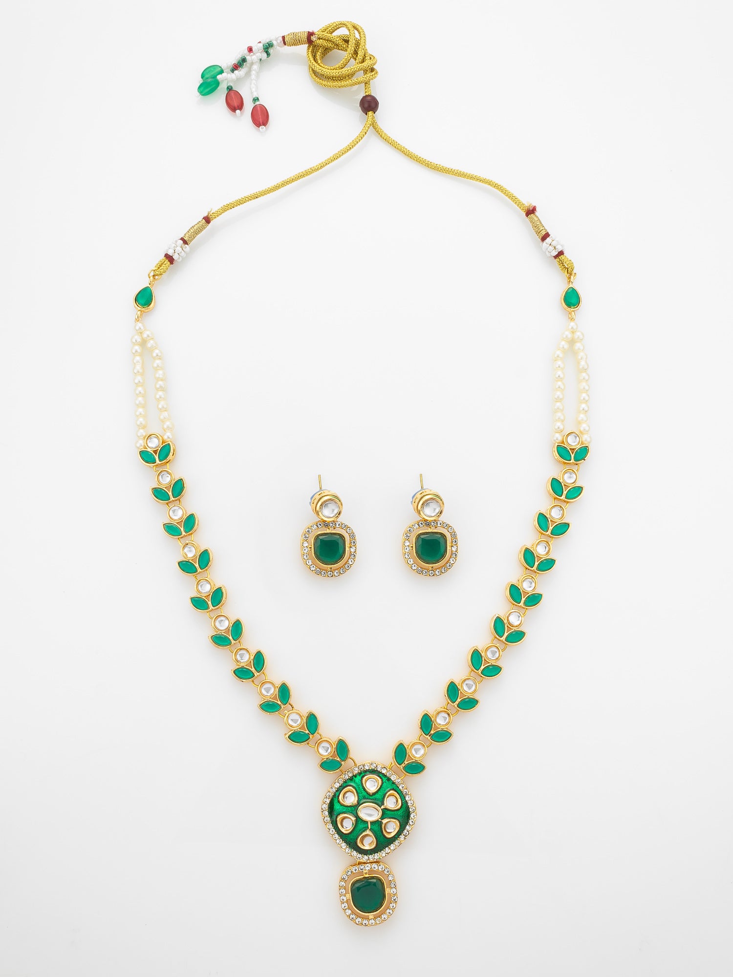 Aadita Gold-Plated Kundan Necklace Set with Green Meenakari Pendant and Pearl Chain and Earrings | Aadita Jewelry
