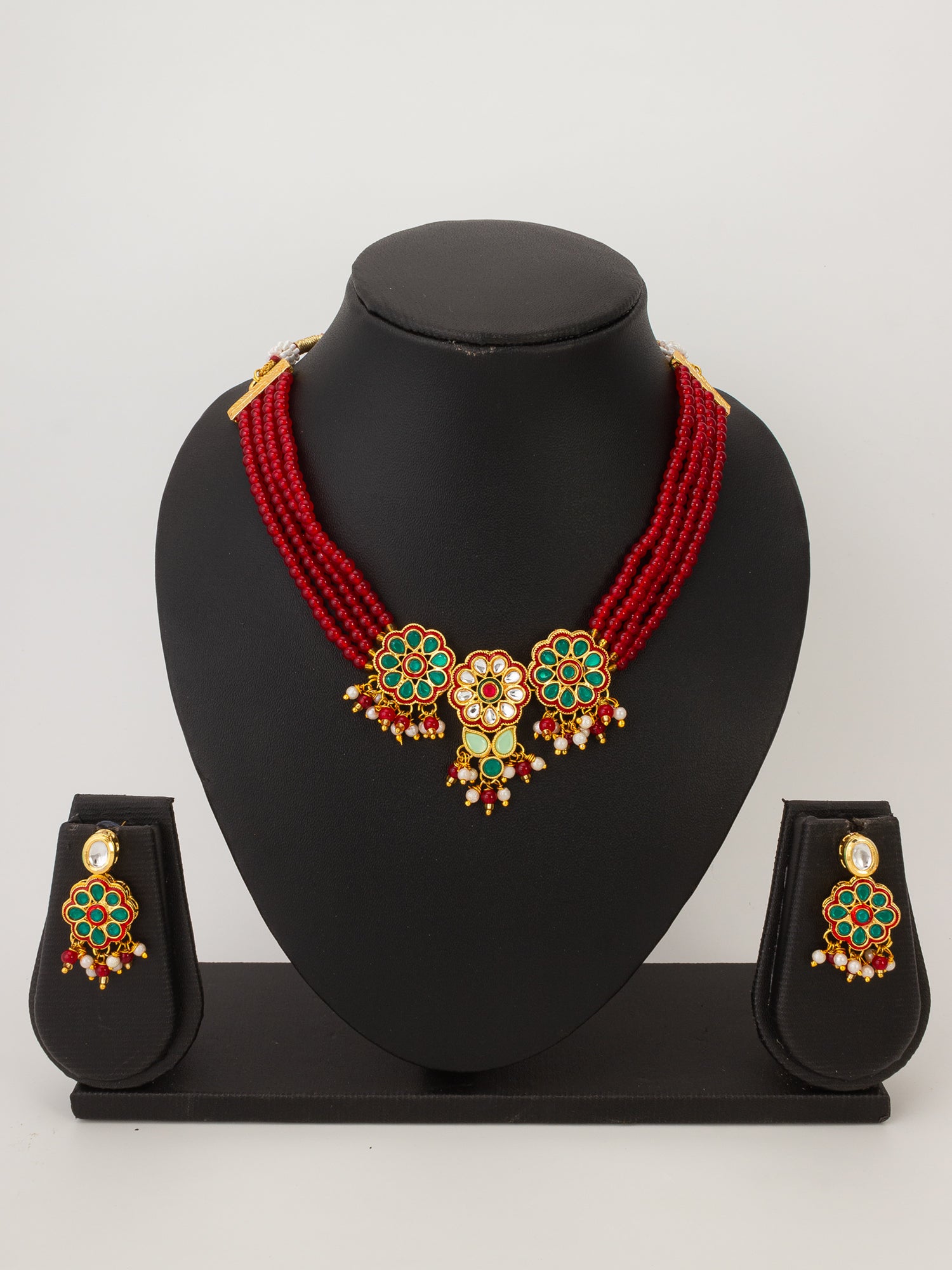 Ruby Red Bead Choker with Floral Kundan Motif Set – View 4 | Aadita Jewelry