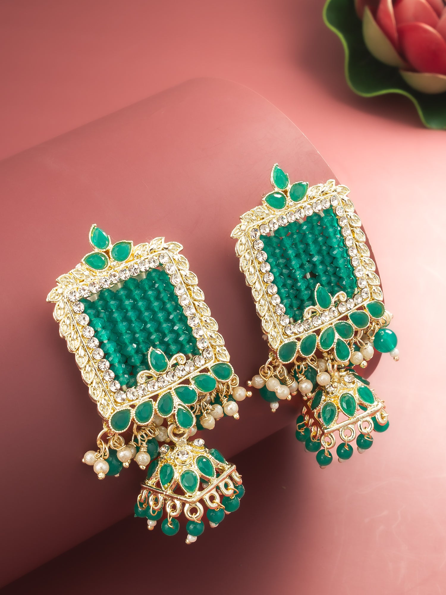 Aadita Gold Plated Green Stone Heavy Chandlier Jhumka Earrings – View 5 | Aadita Jewelry