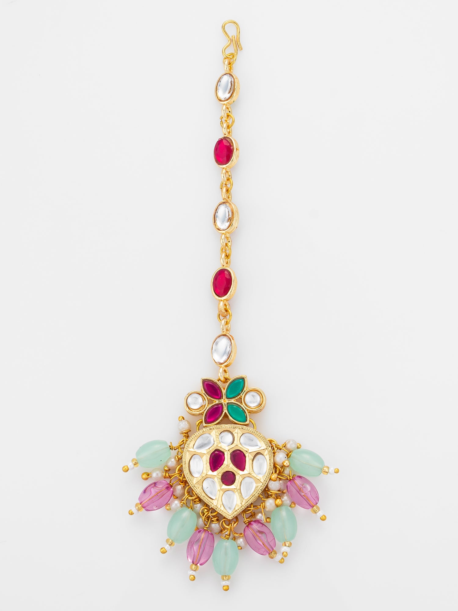 Aadita Gold Plated Mixed Oval Stone Chain Mangtika with Kundan Heart Pendant and Pastel Bead Fringe | Aadita Jewelry