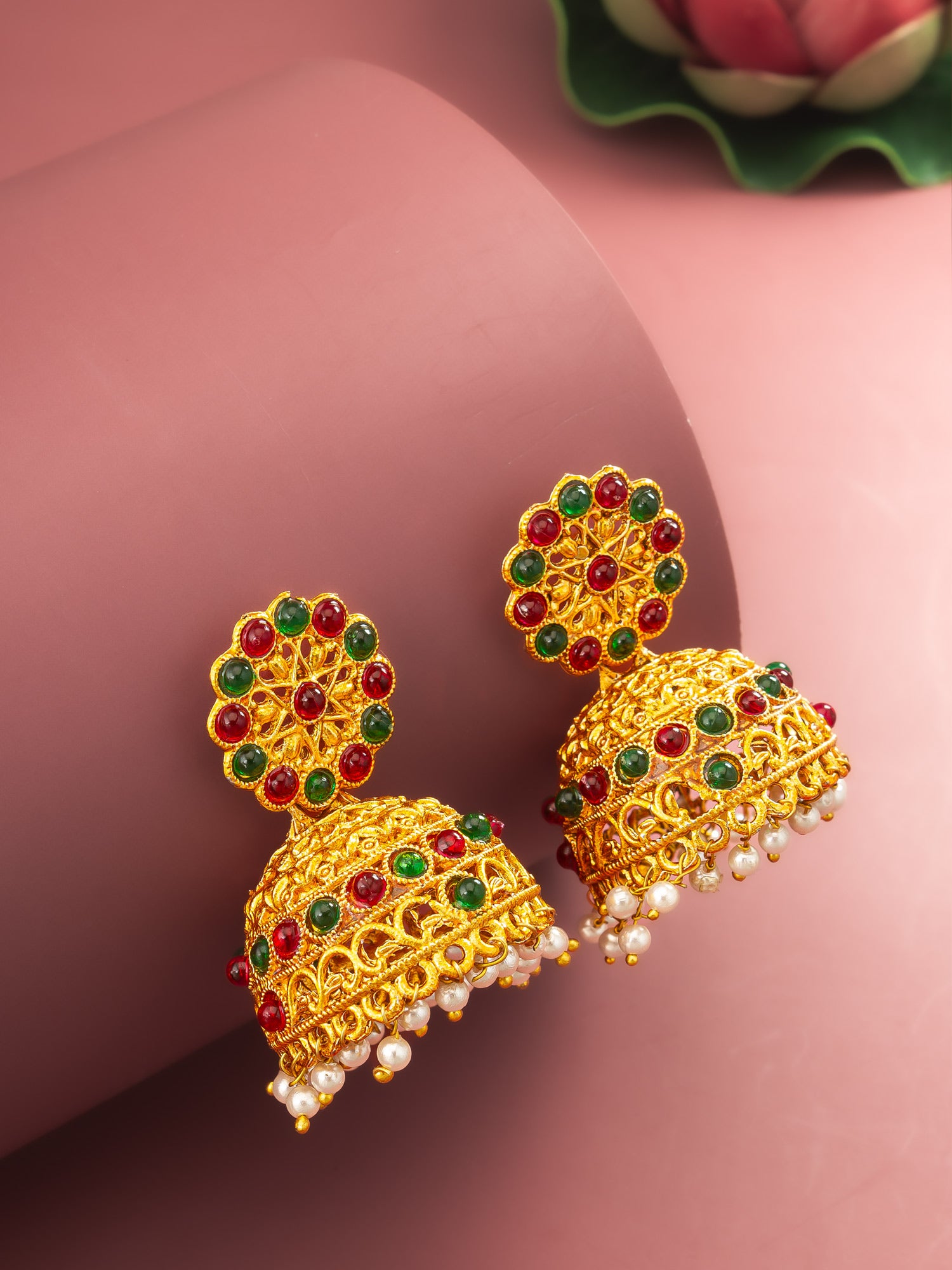 Aadita Gold Plated Traditional Jhumka Earrings with Red and Green Stones – View 5 | Aadita Jewelry