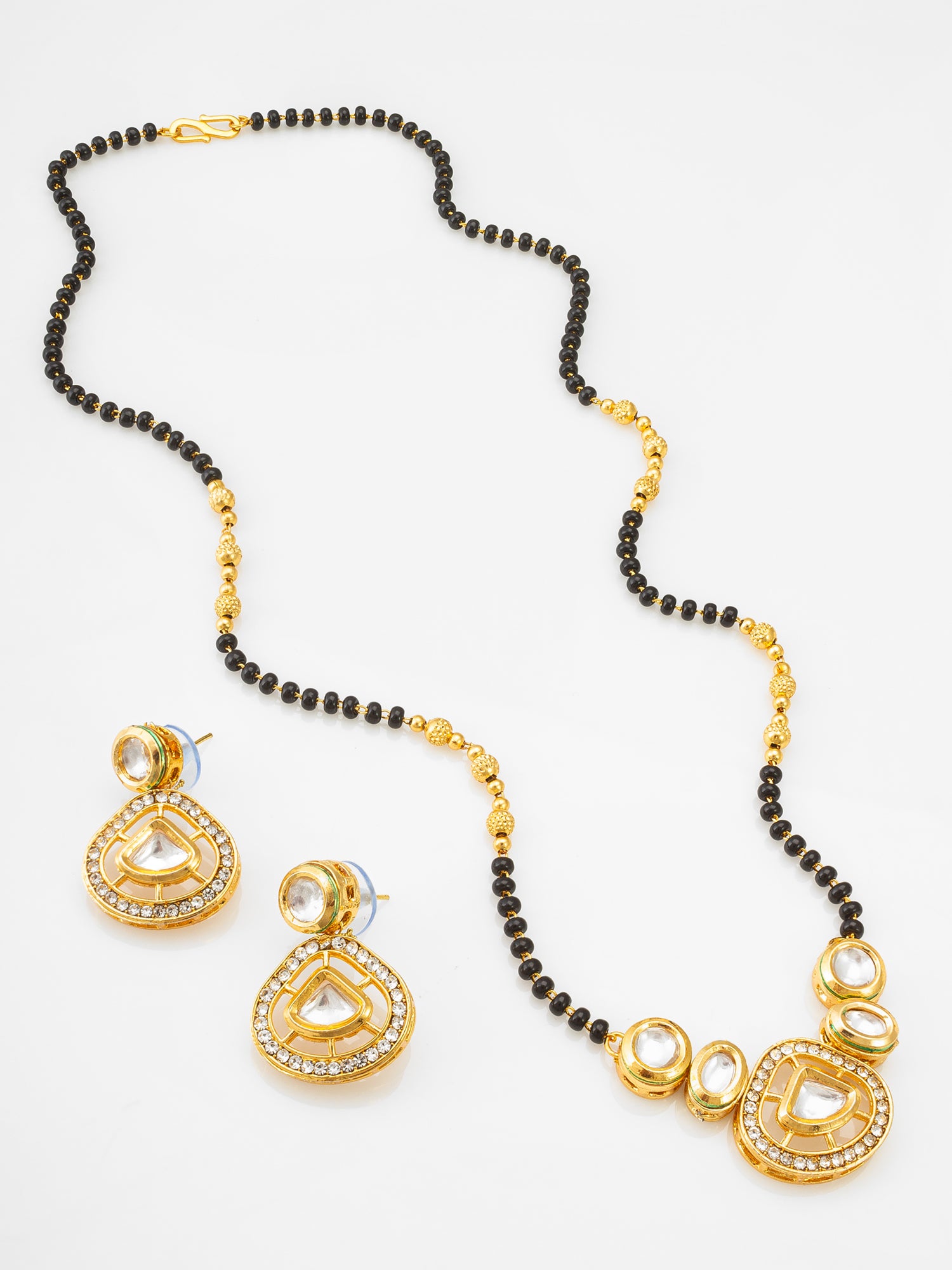 Kundan Mangalsutra Set with Black Beads Chain and Crystal Studded Earrings | Aadita Jewelry