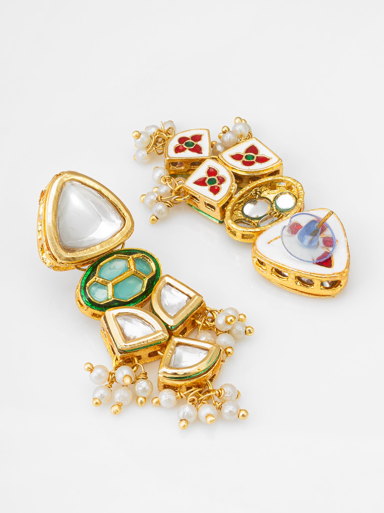Gold-Toned Kundan Earrings with Meenakari and Pearl Drops – View 2 | Aadita Jewelry