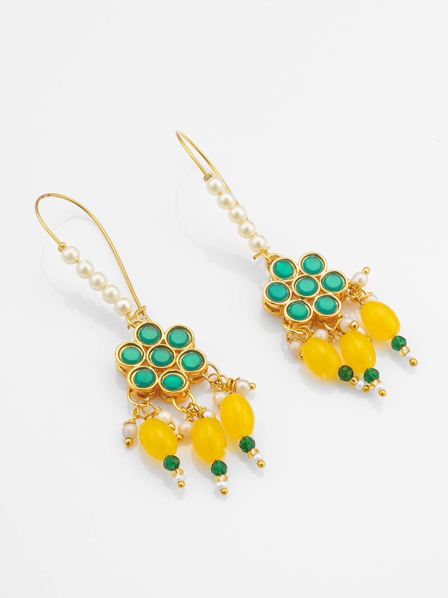 Long Hook Green Floral Earrings with Yellow Bead Clusters and Pearl Accents – View 2 | Aadita Jewelry