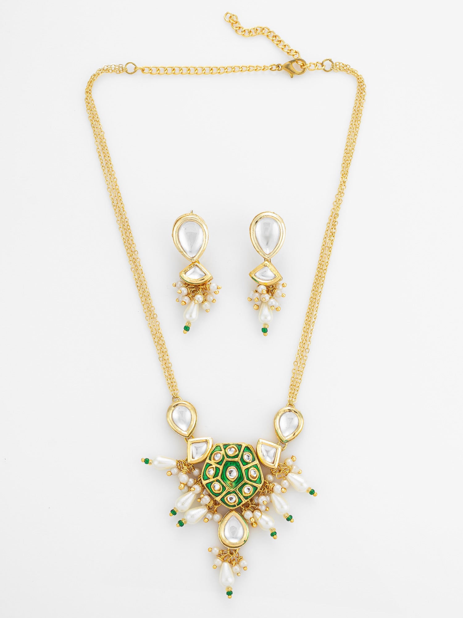 Green Enamel and Pearl Kundan Necklace Set | Aadita Jewelry