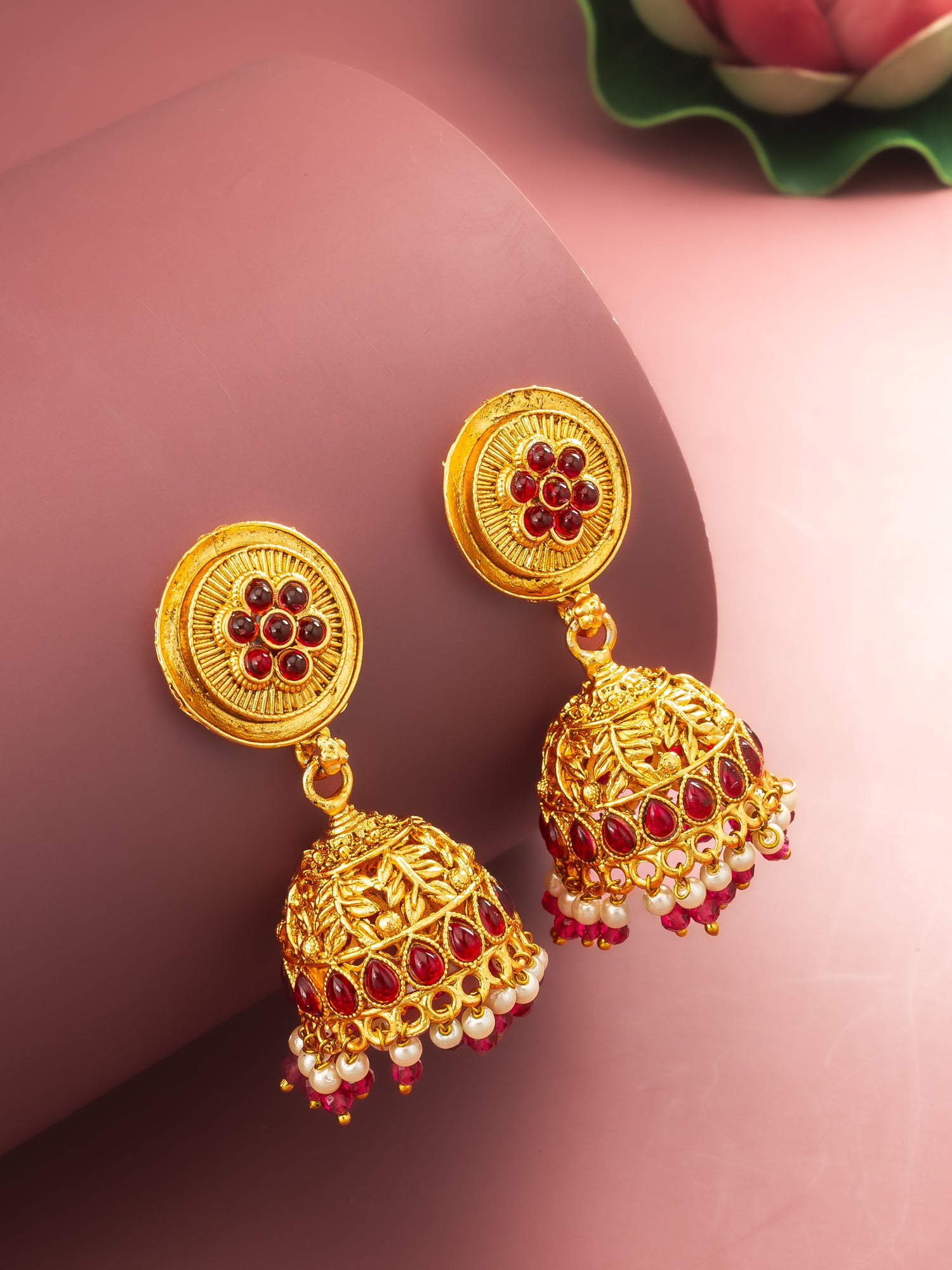 Aadita Traditional Gold Plated Pink Stone Jhumka Earrings – View 5 | Aadita Jewelry