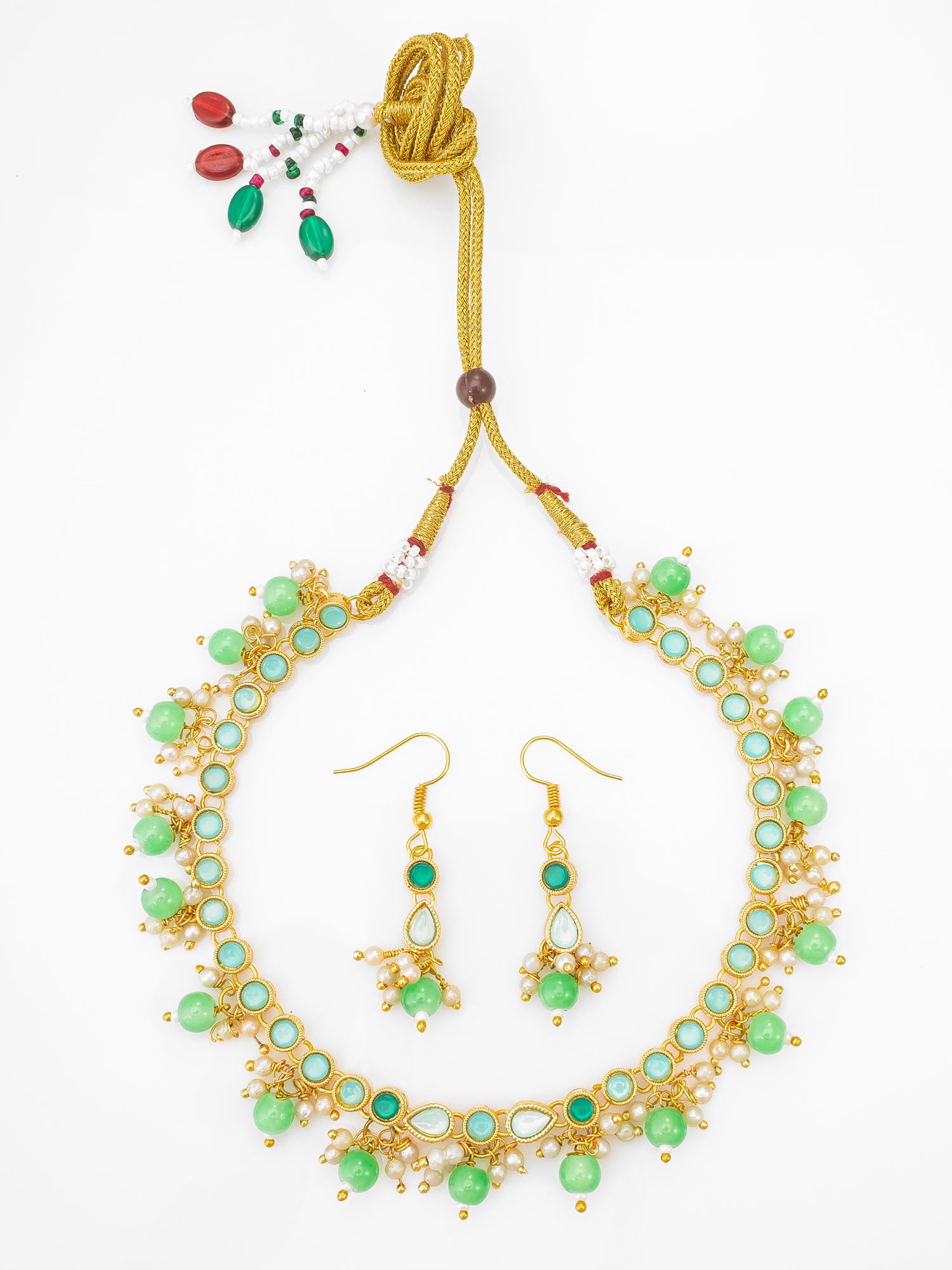 Green Beaded Kundan Necklace Set with Earrings for Women | Aadita Jewelry