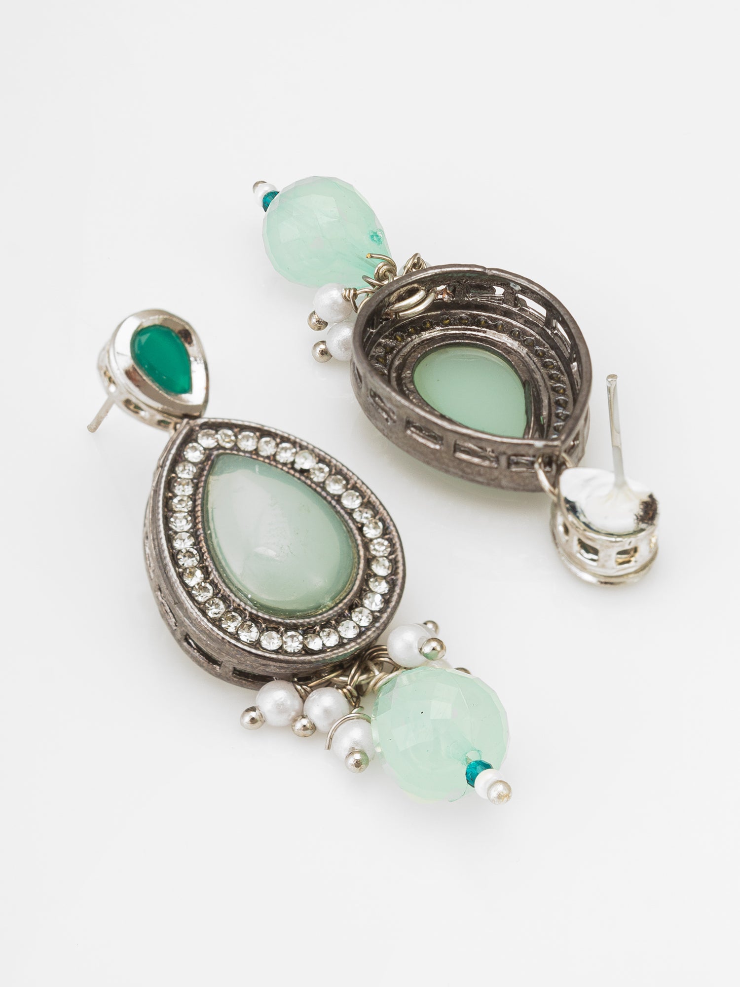 Silver Finished Mint Green Stone and Pearl Drop Earrings – View 2 | Aadita Jewelry