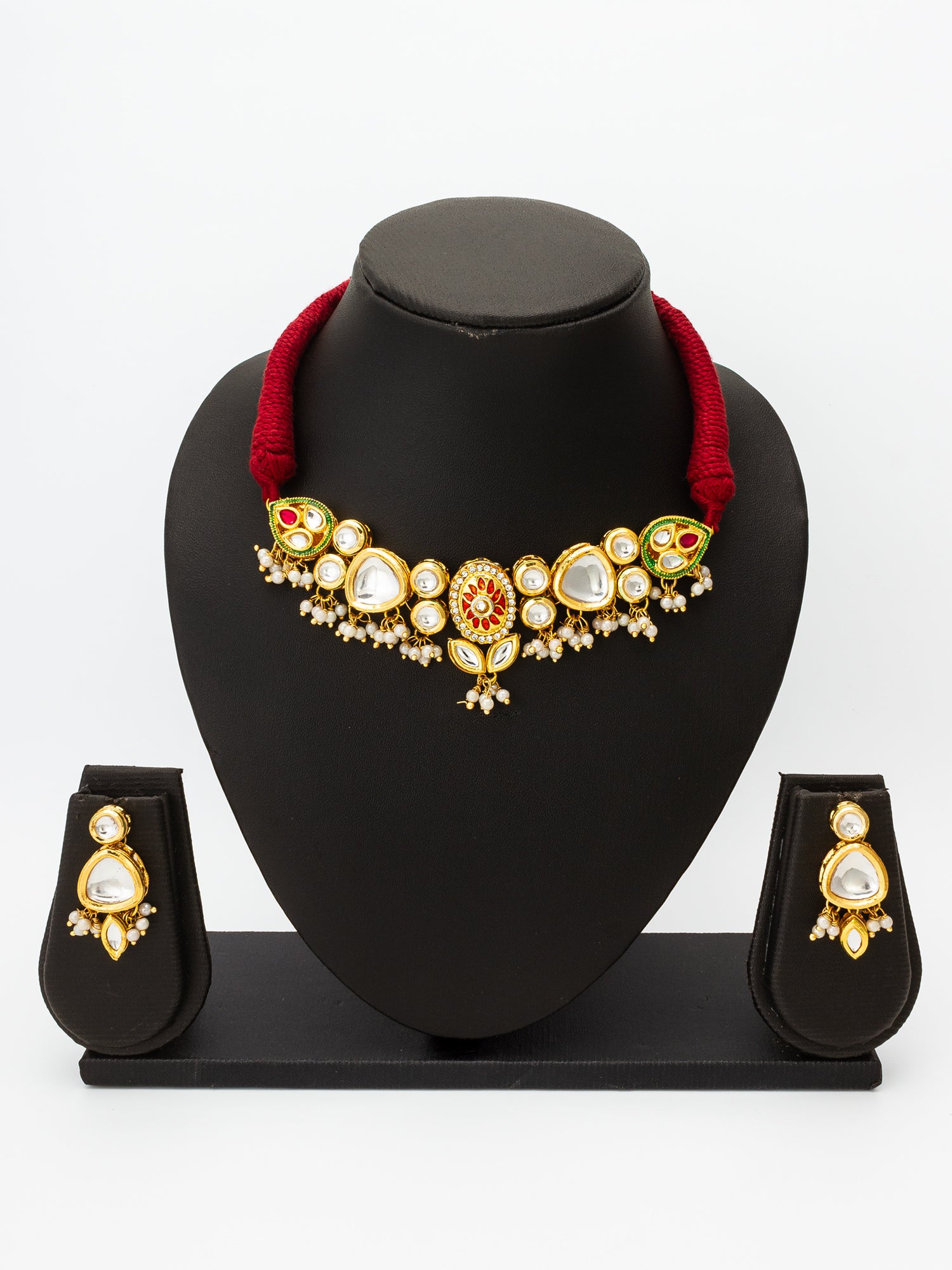 Classic Kundan Pearl Choker Necklace Set with Ethnic Motifs – View 4 | Aadita Jewelry