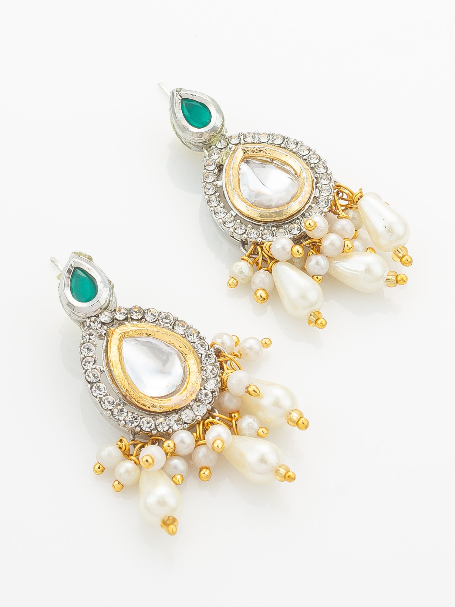 Aadita Silver-Plated Kundan Necklace Set with Green Stones and Pearl Drops – View 2 | Aadita Jewelry