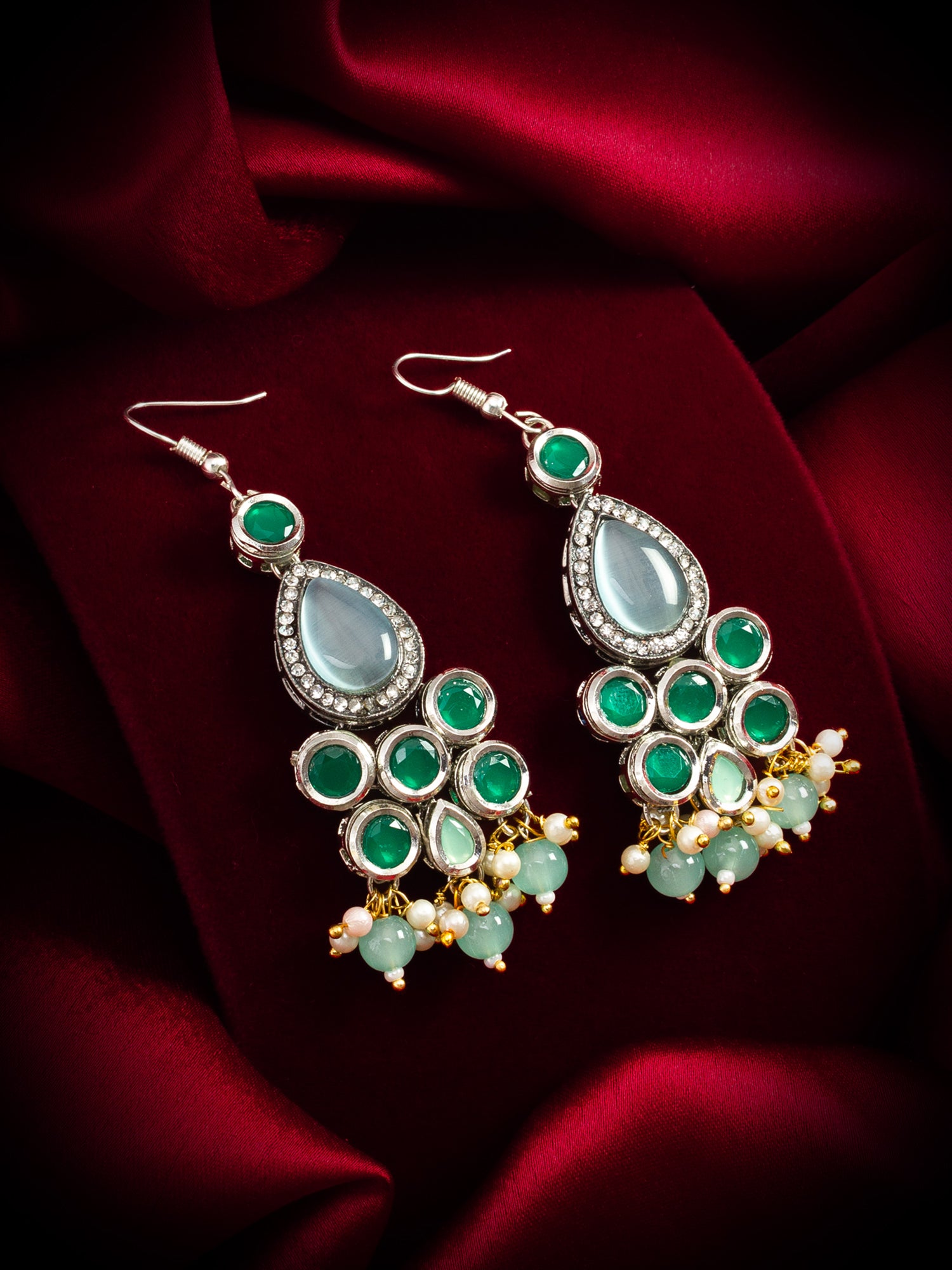 Green Stone Hook Earrings with Pearl and Mint Bead Tassel – View 4 | Aadita Jewelry