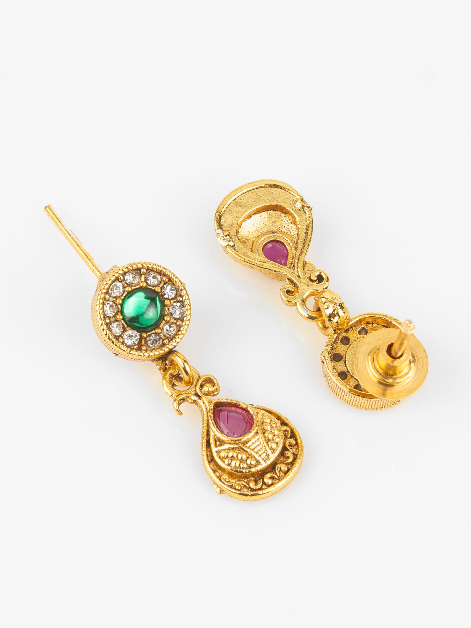 Gold-Plated Traditional Necklace Set for Women | Pink Teardrop & Green Stone Pendant | Bridal & Ethnic Festival Jewellery – View 3 | Aadita Jewelry