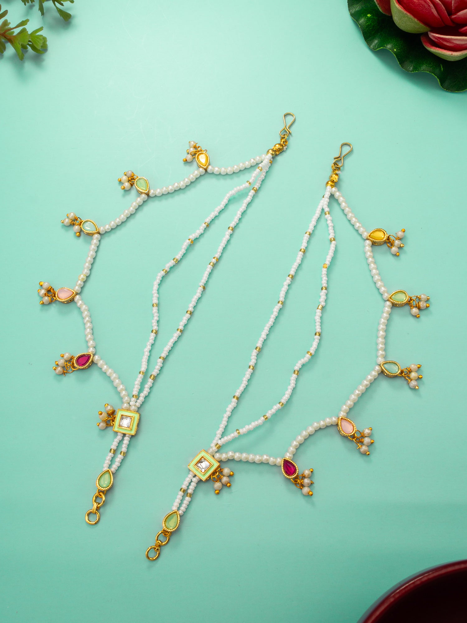 Pearl Seed Bead Ear Chain with Multicolor Kundan Teardrop and Square Pendants – View 4 | Aadita Jewelry