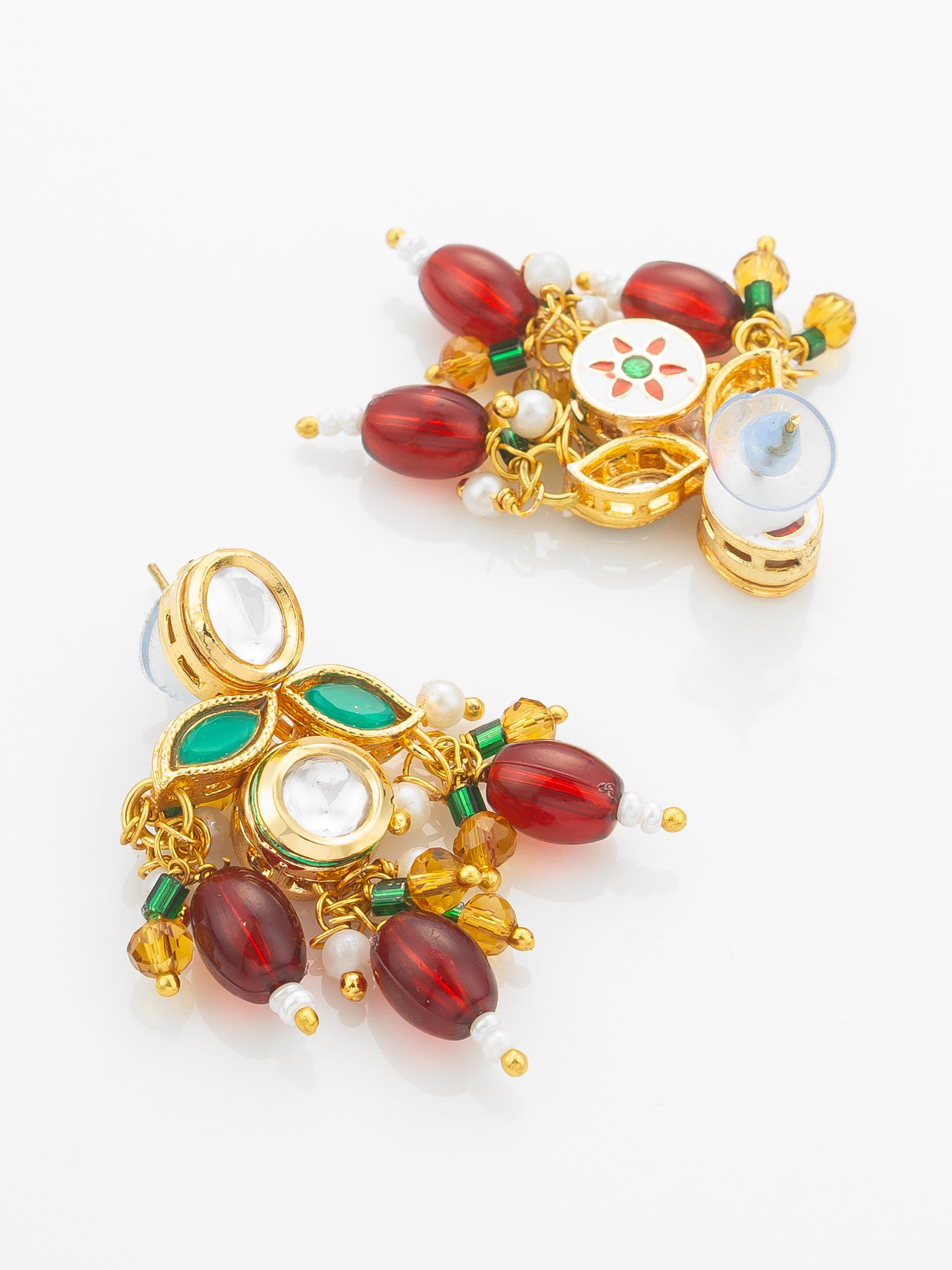 Aadita Gold Plated Kundan Necklace Set with Green Meenakari, Red Beads and Crystal Accents with Earrings – View 3 | Aadita Jewelry