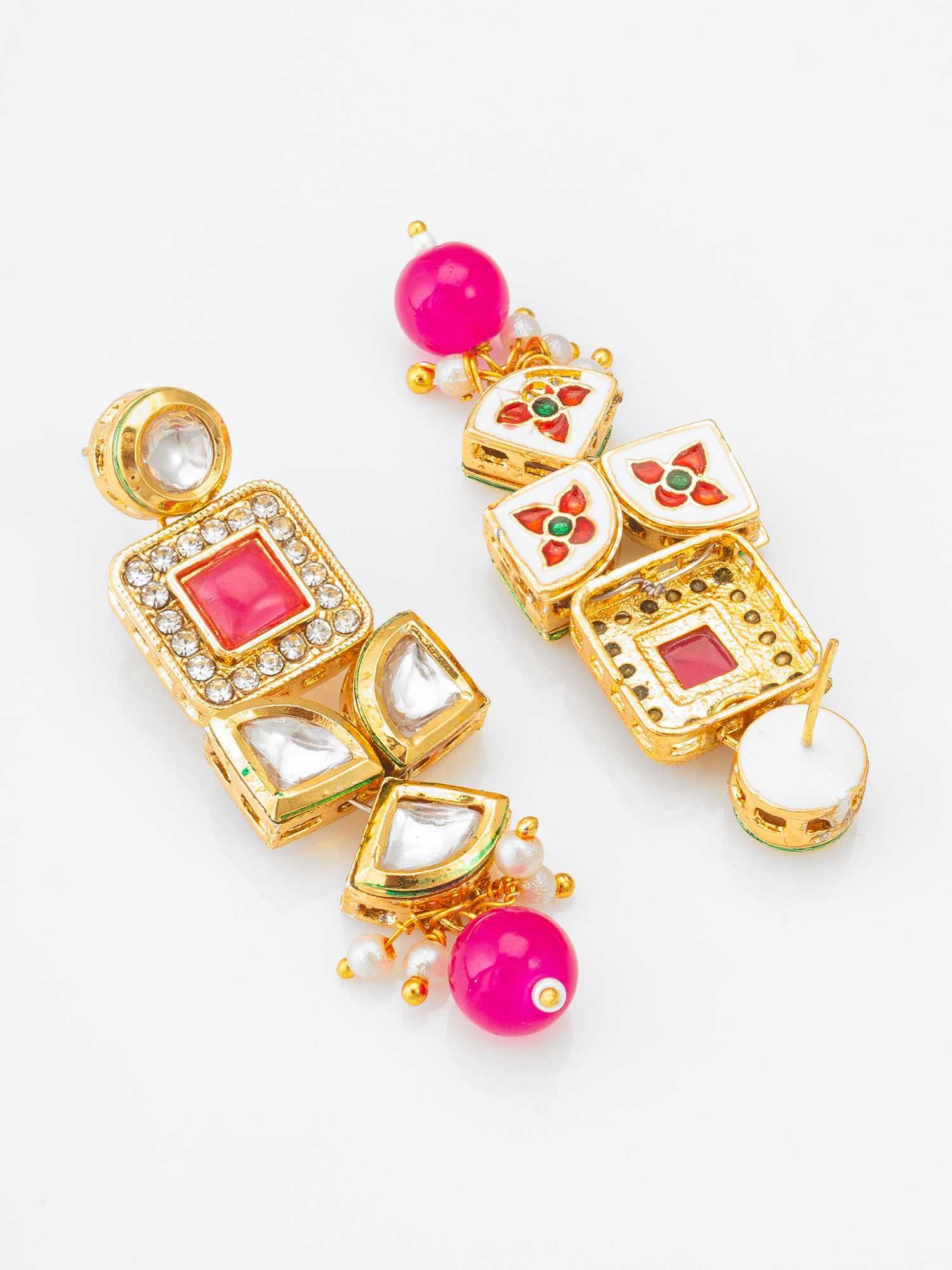 Geometric Gold-Plated Kundan Long Drop Earrings with Pink Accents and Pearl Beads – View 2 | Aadita Jewelry