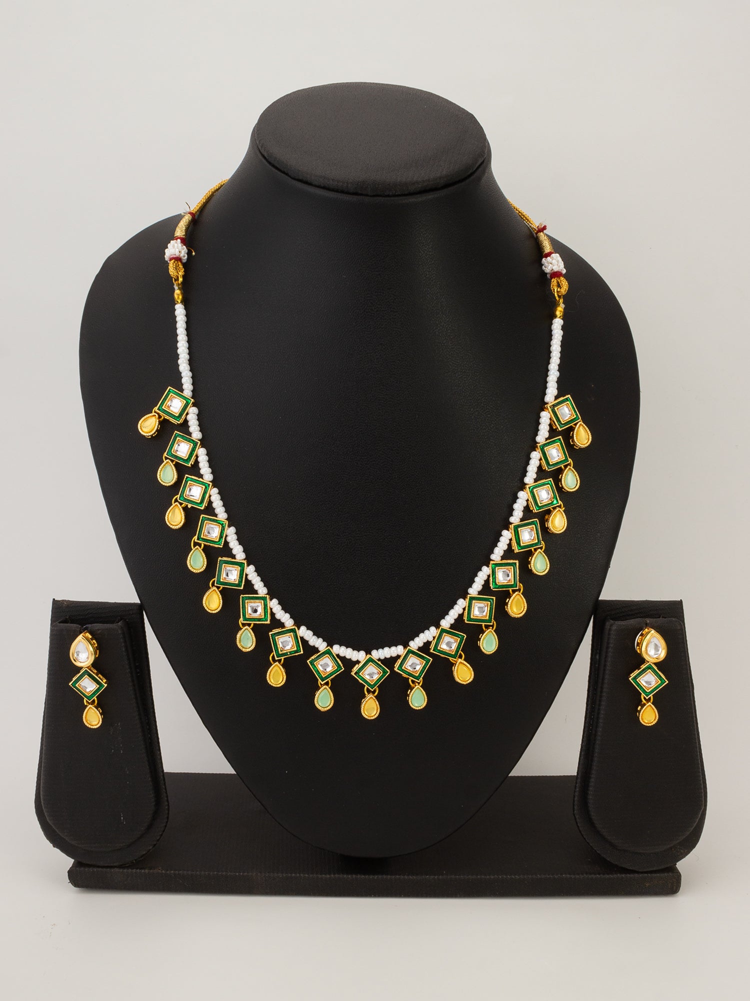 Pearl Necklace with Green Square Kundan and Yellow Drops – View 4 | Aadita Jewelry