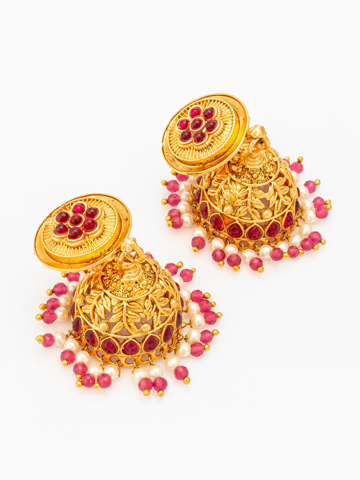 Aadita Traditional Gold Plated Pink Stone Jhumka Earrings – View 2 | Aadita Jewelry