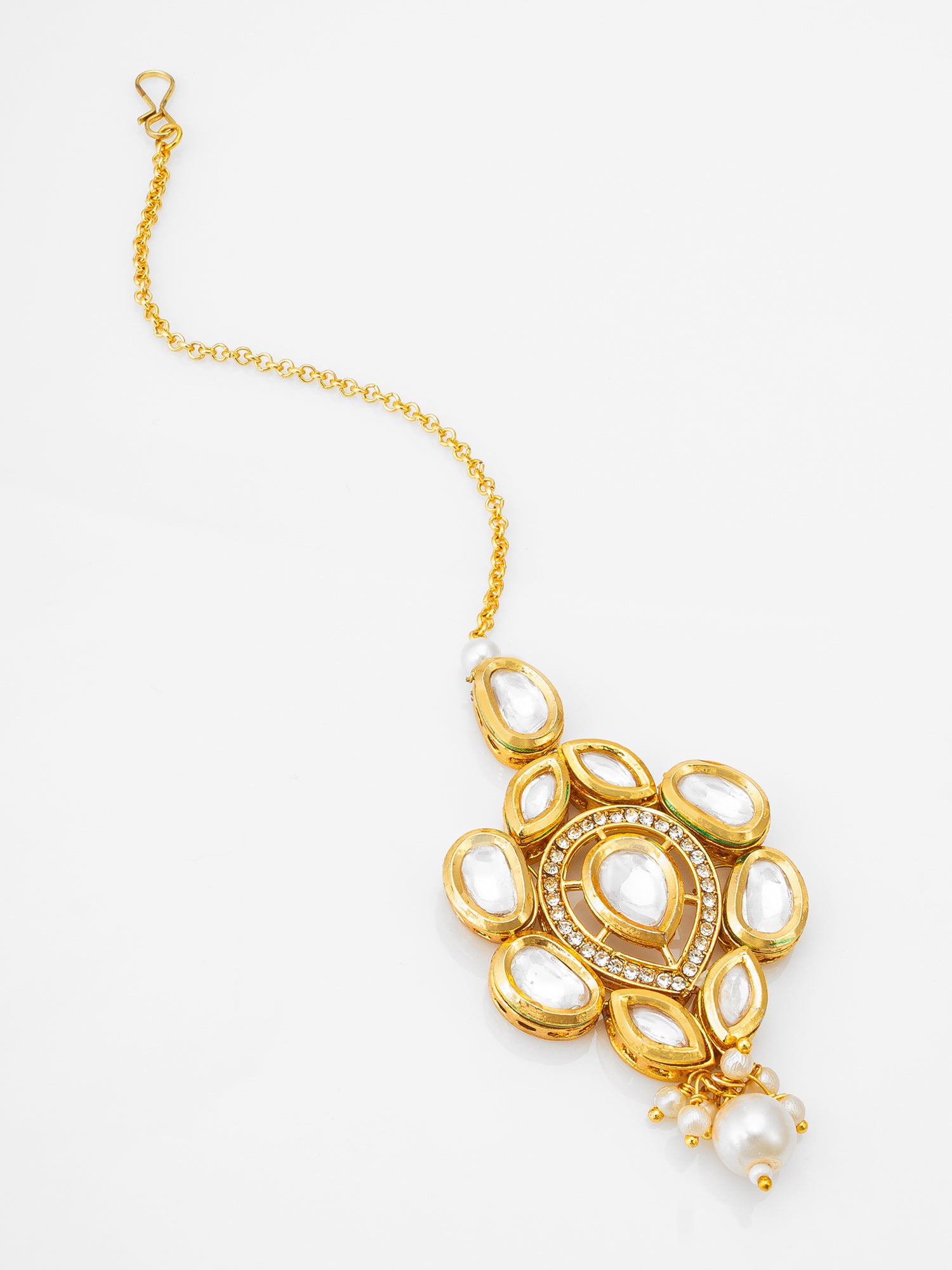 Gold-Plated Kundan Cluster Maang Tikka with Pearl Drop | Aadita Jewelry