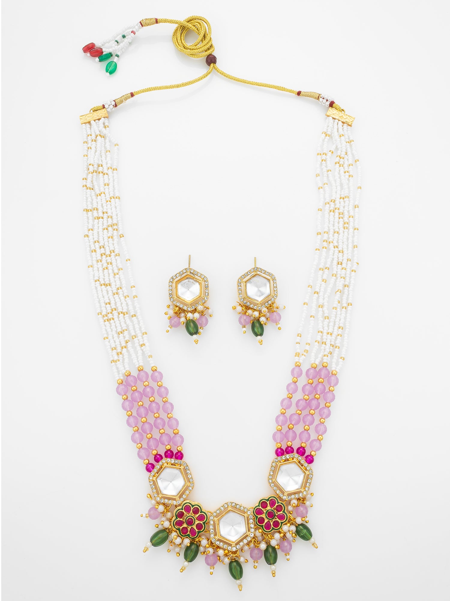 Aadita Gold Plated Kundan Hexagon Necklace Set with Pink Beads and Meenakari Earrings | Aadita Jewelry